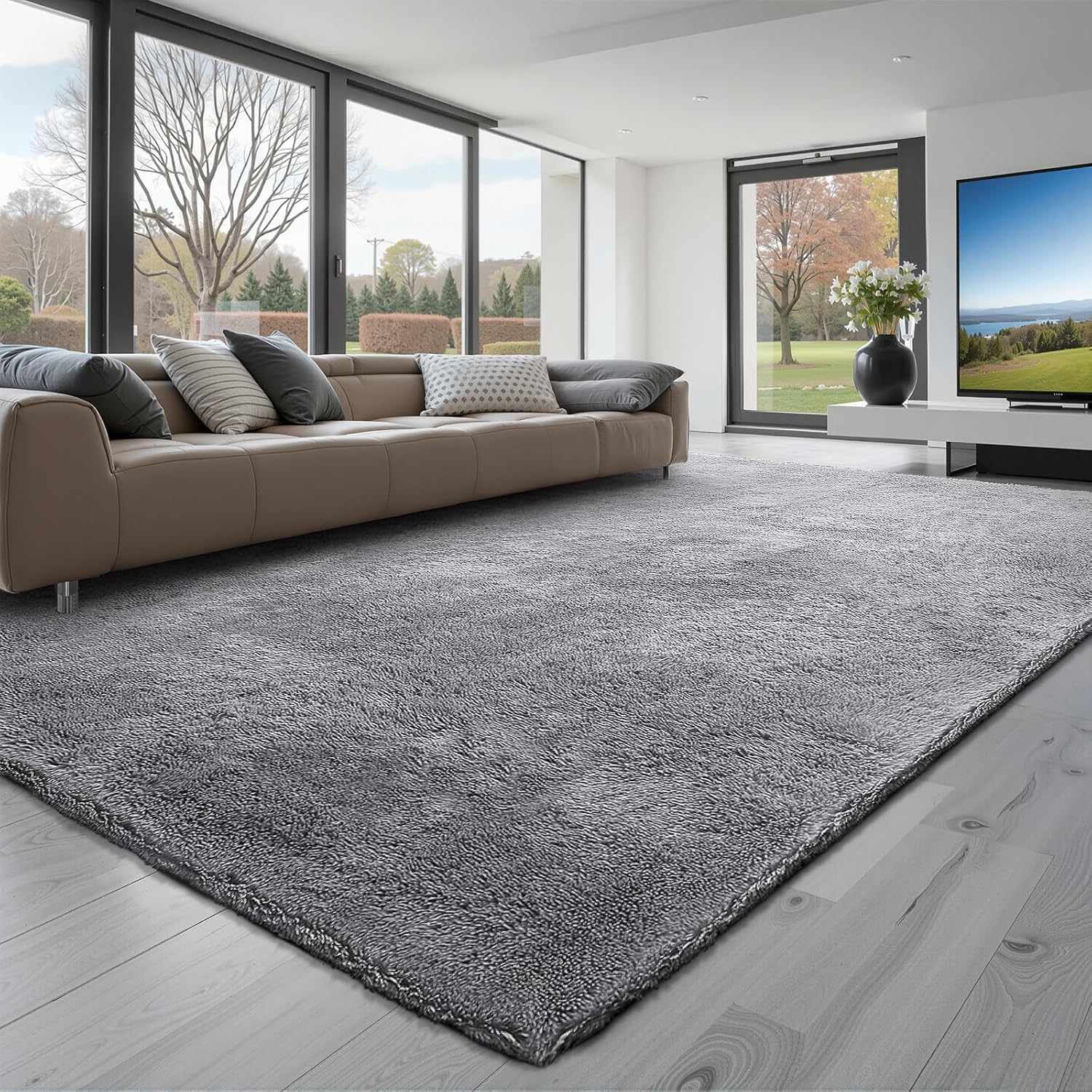 VEVOR Indoor Plush Area Rug, 8x10 ft Plush Carpet Grey Area Rug Fluffy with Triple-Layer Material, Large Areas Rugs Shag for Living Room Bedroom Lounge Area, Non-Shedding & Soft Thick Pile