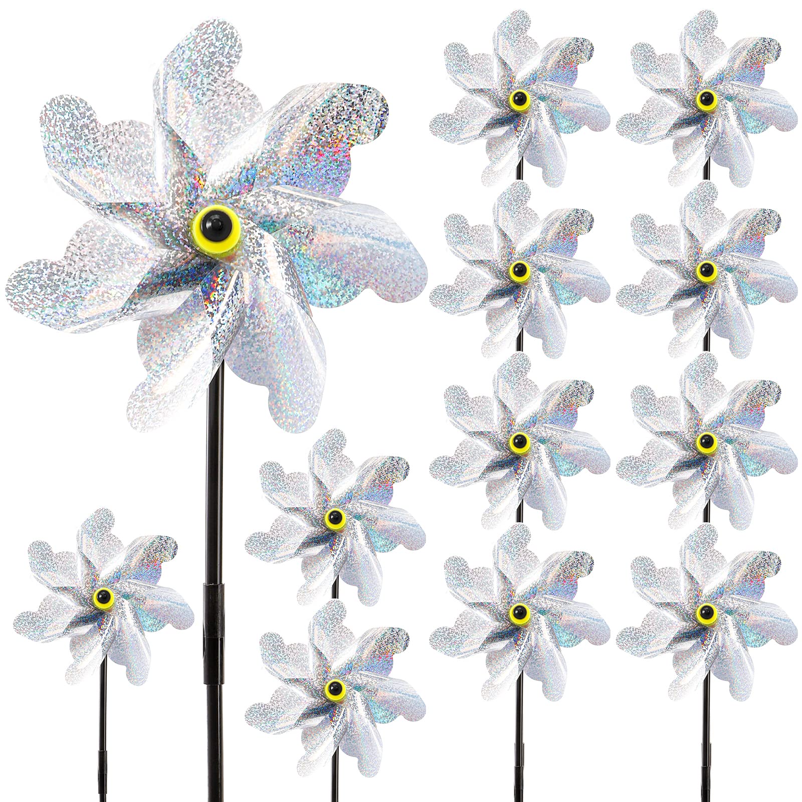 YOUEON 12 Pcs Reflective Pinwheels with Stakes, 21 Inch Extra Sparkly Garden Pinwheels Bird Deterrent, Silver Wind Pinwheels for Yard and Garden