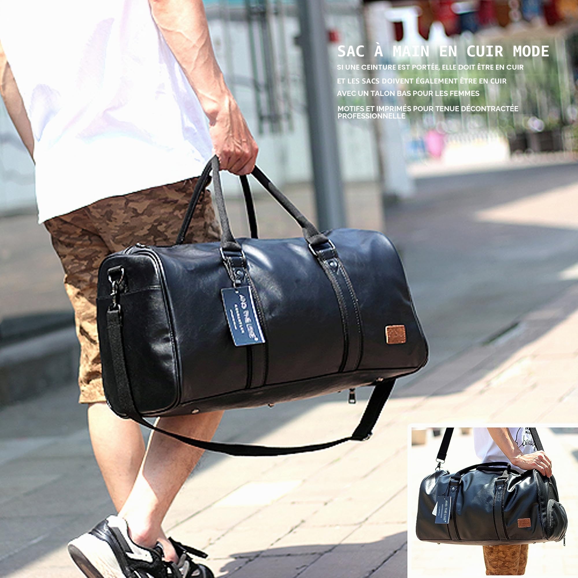 Sac de Voyage en Cuir avec Pochette à Chaussures, Sac de Nuit étanche pour Le Weekender, Grand Sac de Voyage Portable pour Les Hommes et Les Femmes