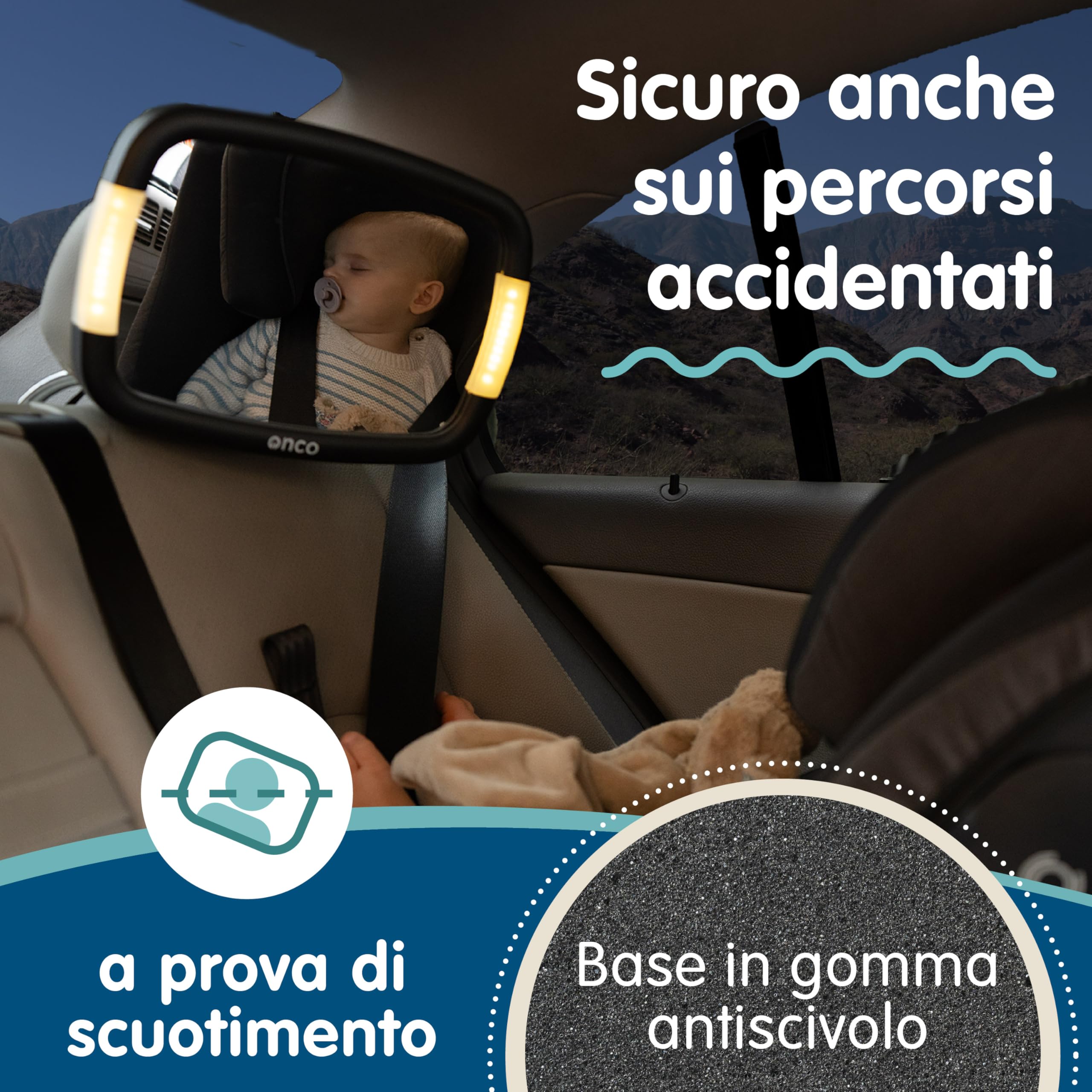 Onco Specchietto Retrovisore Bambini LED - 2 Modalità di Luce Ambientale, 100% Infrangibile, Regolabile a 360° e Universale, Specchietto Retrovisore Auto, Specchio Auto Neonato Sedile Posteriore