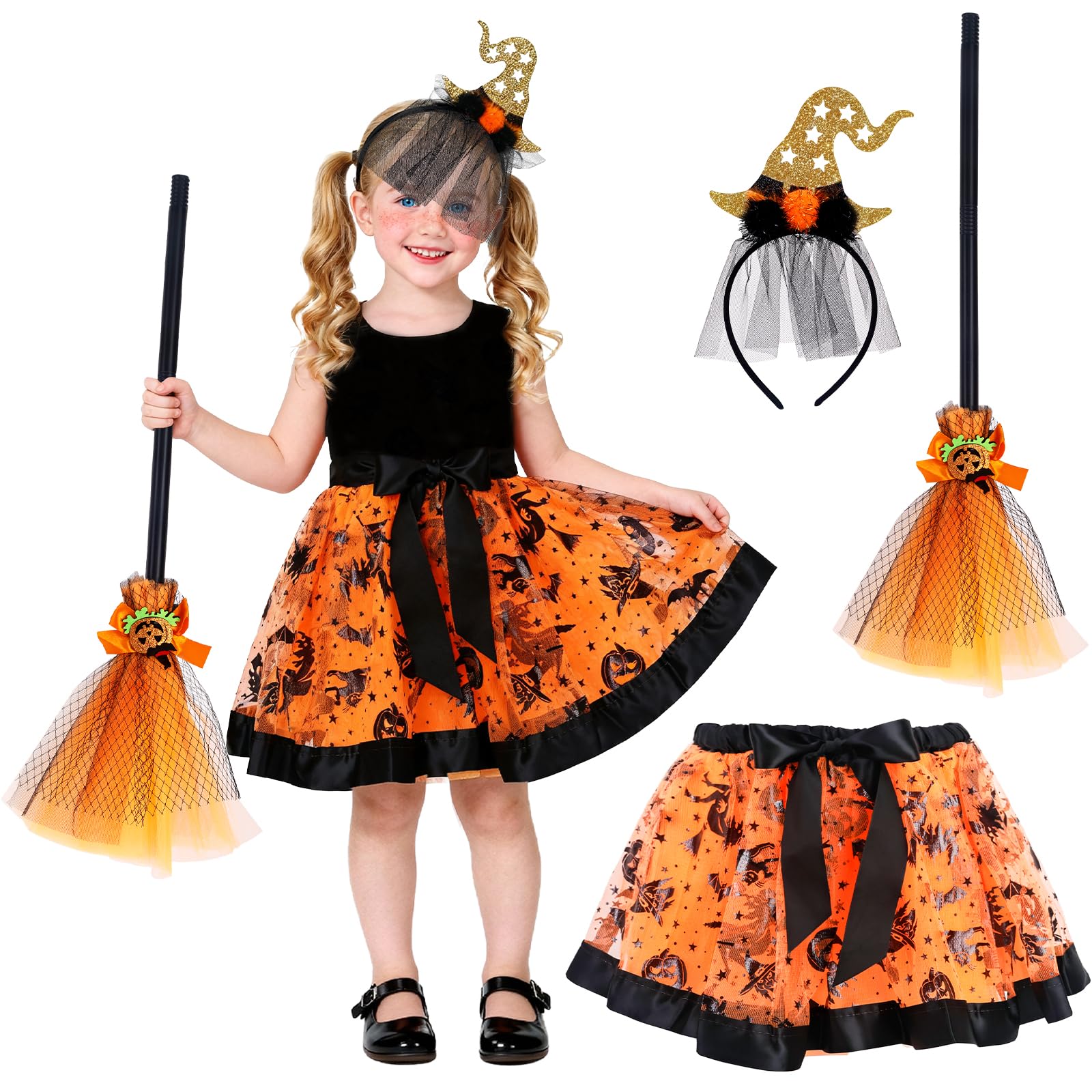 Kinwers Witch Costume Kids,3 Piece Halloween Costumes Tutu Skirt Girls Broom for Kids Girls Halloween Fancy Dress Cosplay