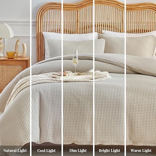 Miniatura 8 de WARMDERN Juego de funda de edredón de tejido gofre, tamaño Queen, color caqui, funda de edredón suave y transpirable, juego de ropa de cama de