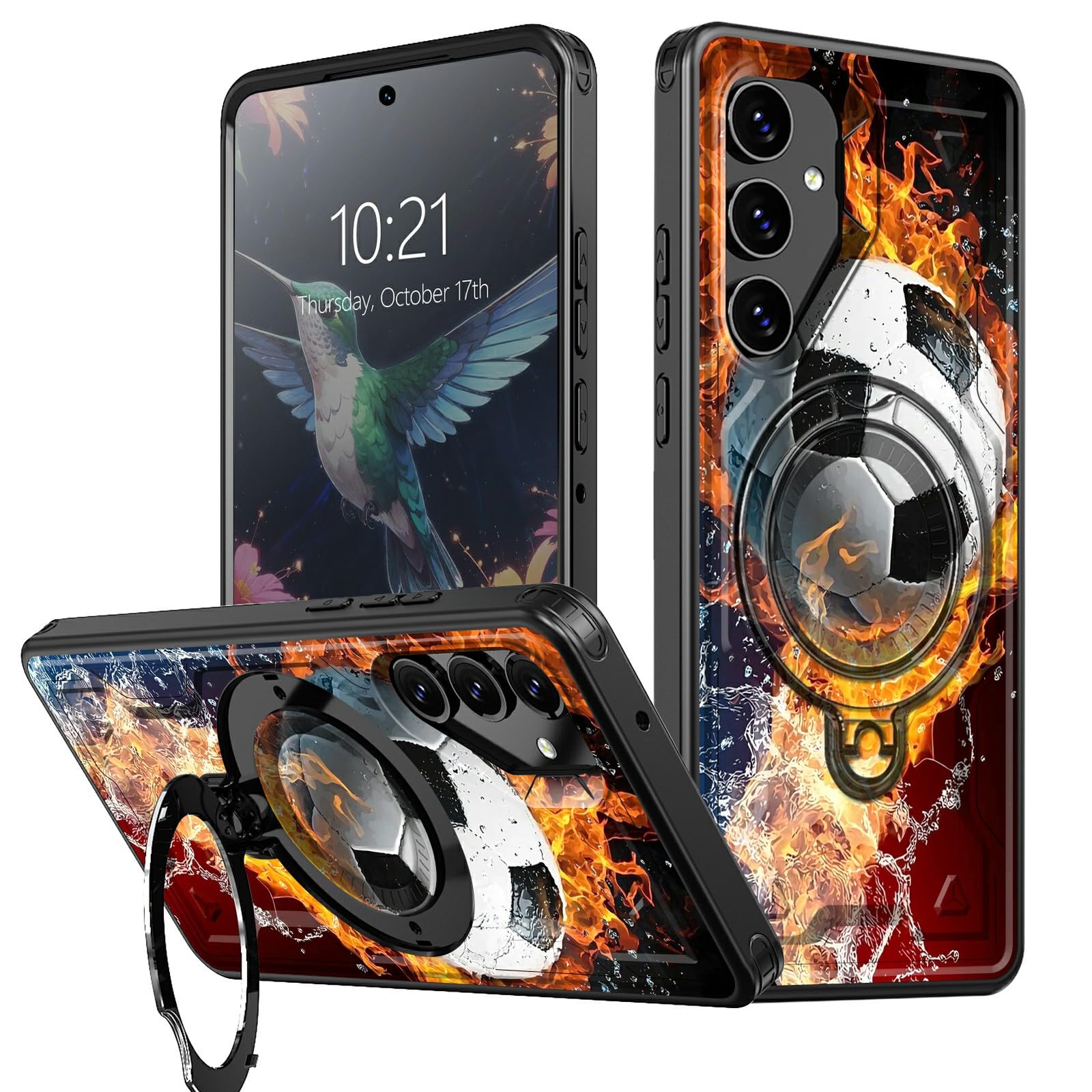 BEOTIWAD for Samsung Galaxy S25/S24 6.2" Case with Stand Soccer Ball On Fire Theme Mixed Dual Layer Kickstand Shockproof Protective Cover for Samsung