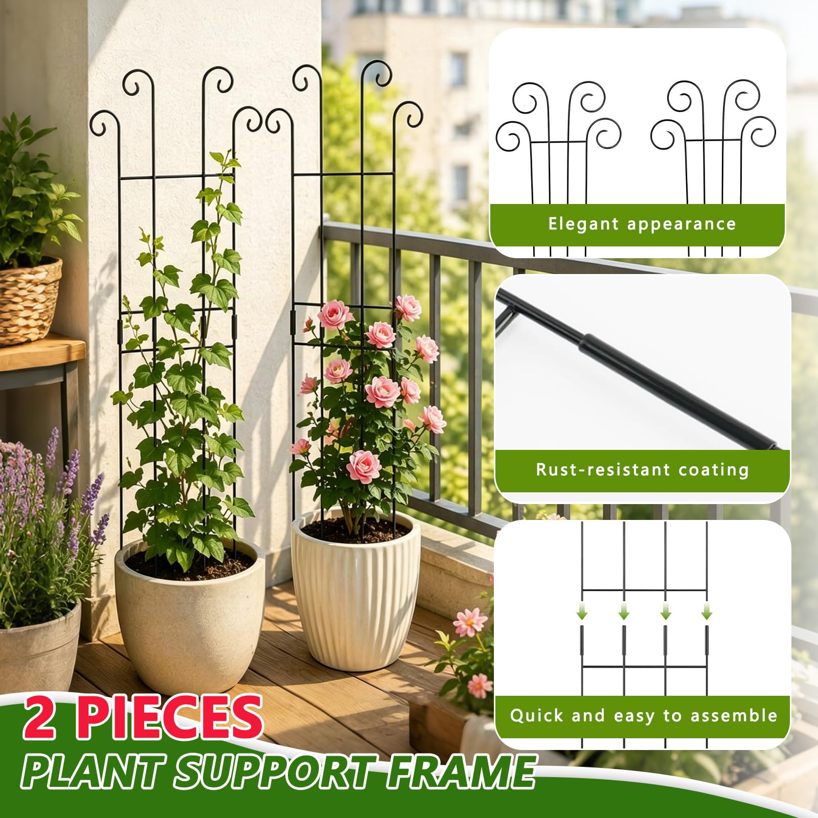 Set di 2 supporti per piante in metallo, ideali per piante rampicanti, viene fornito con 50 fascette per favorire la crescita, perfetto per giardini, balconi e uso interno (83 cm)