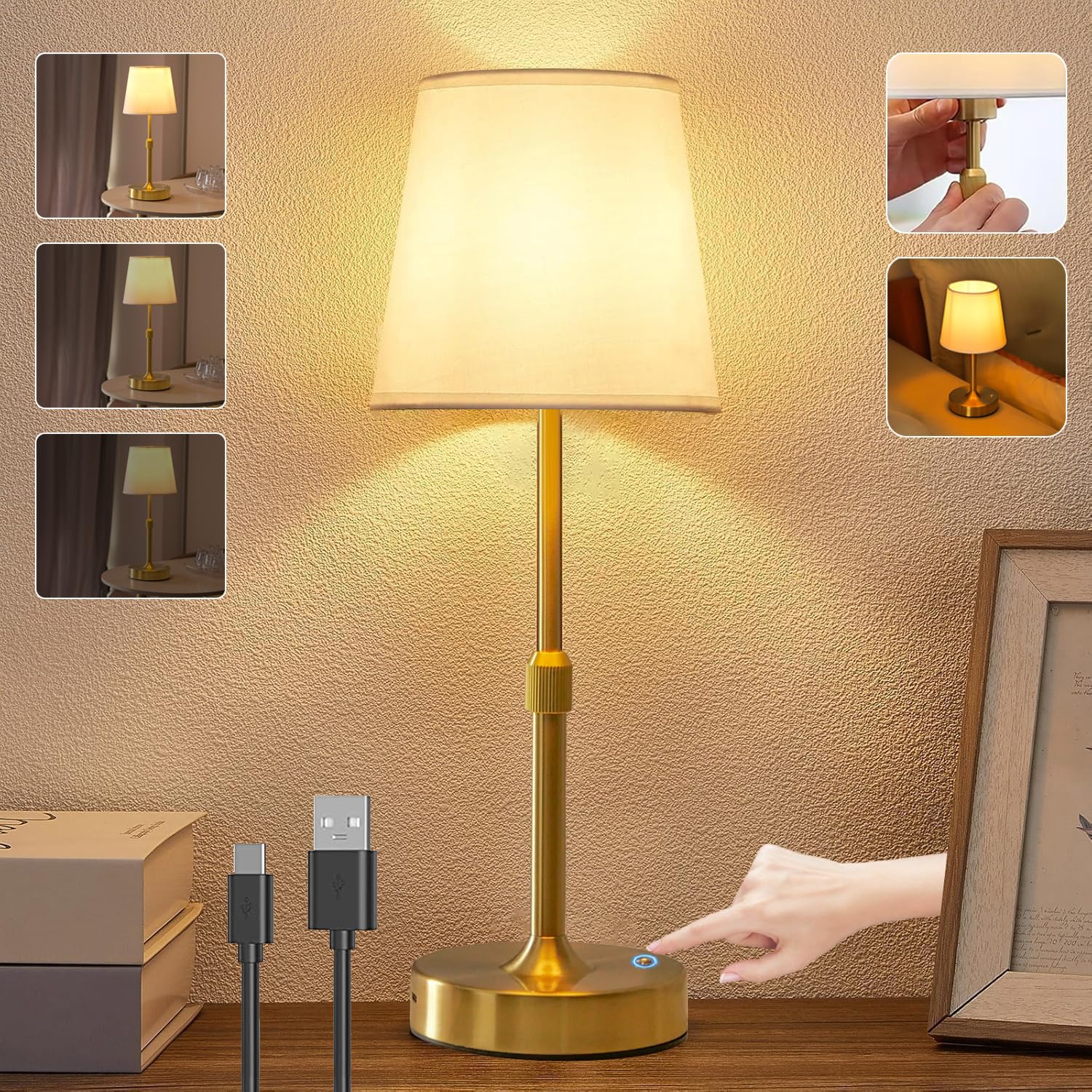 Regulable LED Batería Lámpara de Mesa Inalámbrica, Lámpara de Mesa Recargable Toque con USB-C, Faros de Cama de Noche Ajustable en Altura para Dormitorio Sala de Estar, 5200mAh (Lámpara LED Incluida)