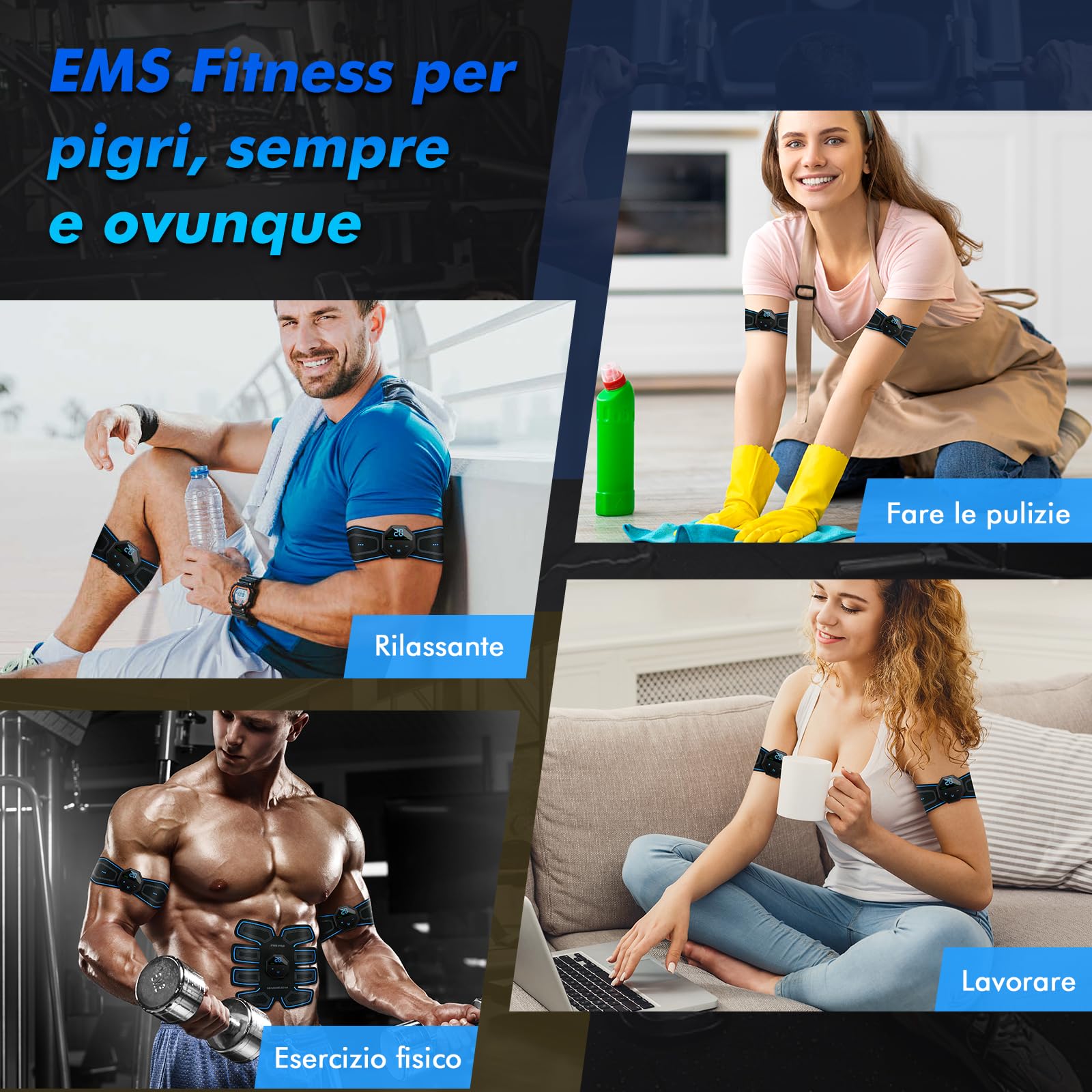 Elettrostimolatore Muscolare, Cintura Addominali Stimolatore, 10 modalità e 20 intensità, Elettrostimolatore Glutei/Addome/Braccia/Gambe per Donne Uomini