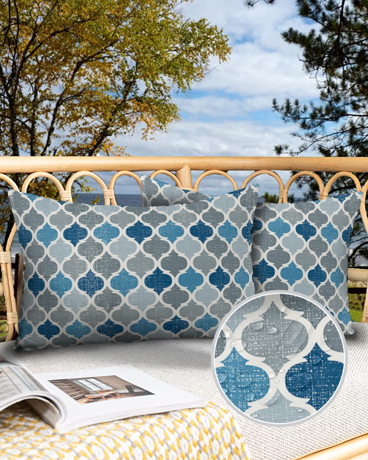 Outdoor Pillow Covers Waterproof, Moroccan Blue Grey Geometric Quatrefoil All Weather Cushion Case Set of 2, Retro Navy Blue Pattern Lumbar Pillowcase for Sofa Couch Bed Decor Patio Furniture 20