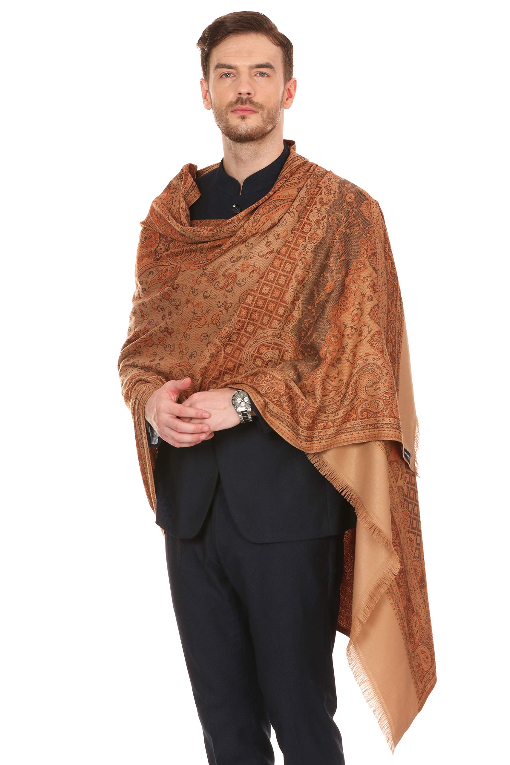 Pashtush Mens fine Soft Ethnic wool blended Stole, Jamawar design, Faux Pashmina (Natural Beige) 3