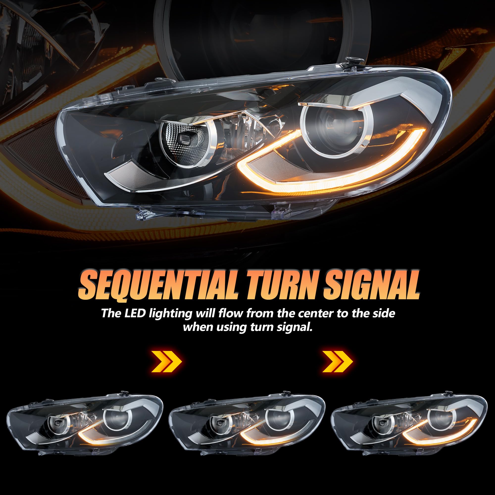 VLAND Fari per Scirocco 3 TSI TDI R 2009-2014 (alogeno/xeno/R), LED DRL, con display dinamico di avvio e indicatori di direzione sequenziali, 1 coppia