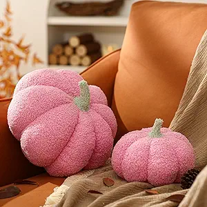 YRXRUS Pumpkin Pillows, Halloween Pumpkin Pillow Set of 2, Pink Throw Pillows Fall Room Decoration, Teddy Fleece 6x12&4x7 Inches Accent Cushion Gifts for Holiday