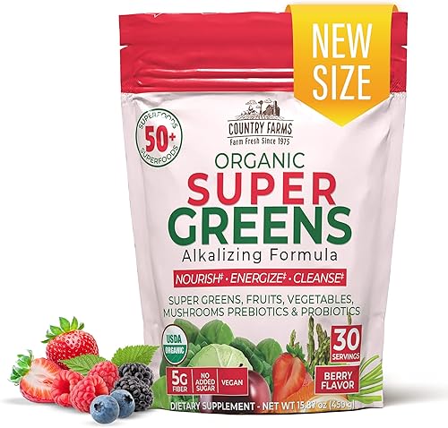 COUNTRY FARMS Super Greens sabor a bayas, 50 súper alimentos orgánicos, mezcla de bebida orgánica USDA (pasto de trigo, espirulina, clorella),