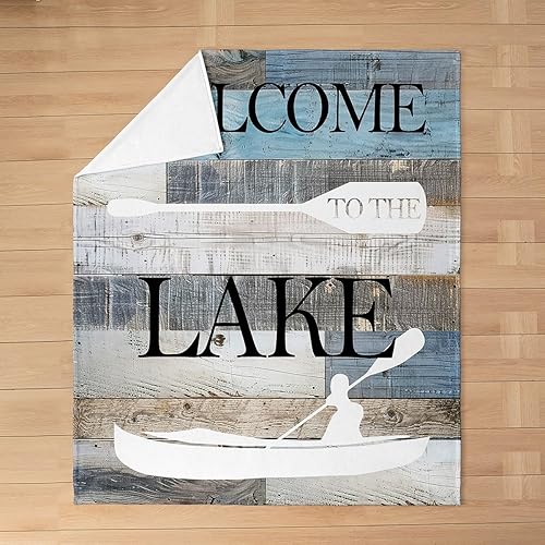 Miniatura 3 de Manta con temática de lago, color azul y gris, diseño retro de rayas de madera, manta de forro polar para niños, adolescentes y adultos, estilo