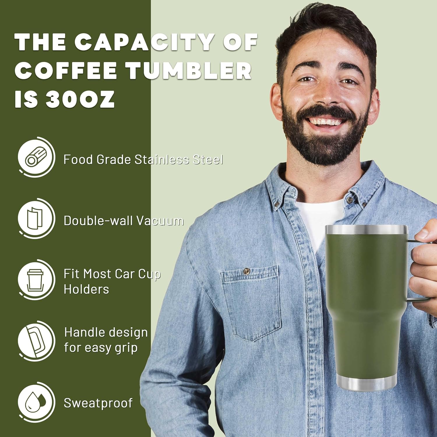 30 oz Tumbler With Handle, Double Wall Stainless Steel Vacuum Insulated Travel Mug with Splash-Proof Lid Metal Straw and Brush (Olive) - Image 4