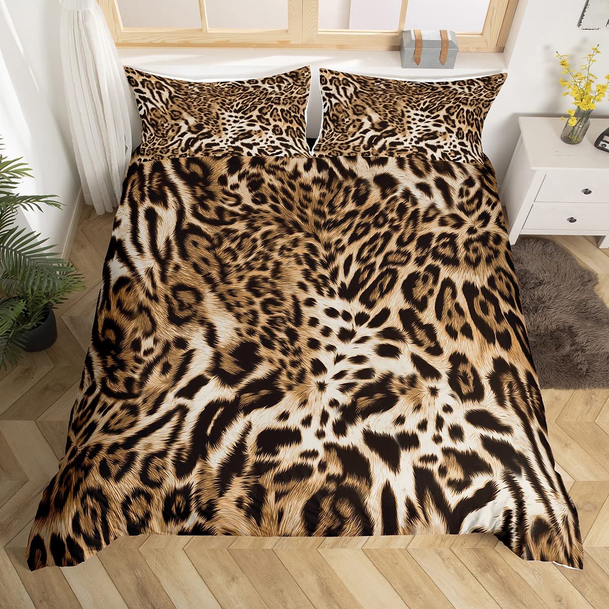 Loussiesd Leopard Duvet Cover Cheetah Bedding Set for Kids Boys Girls Wild Animal Comforter Cover Leopard Fur Duvet Cover Double Size