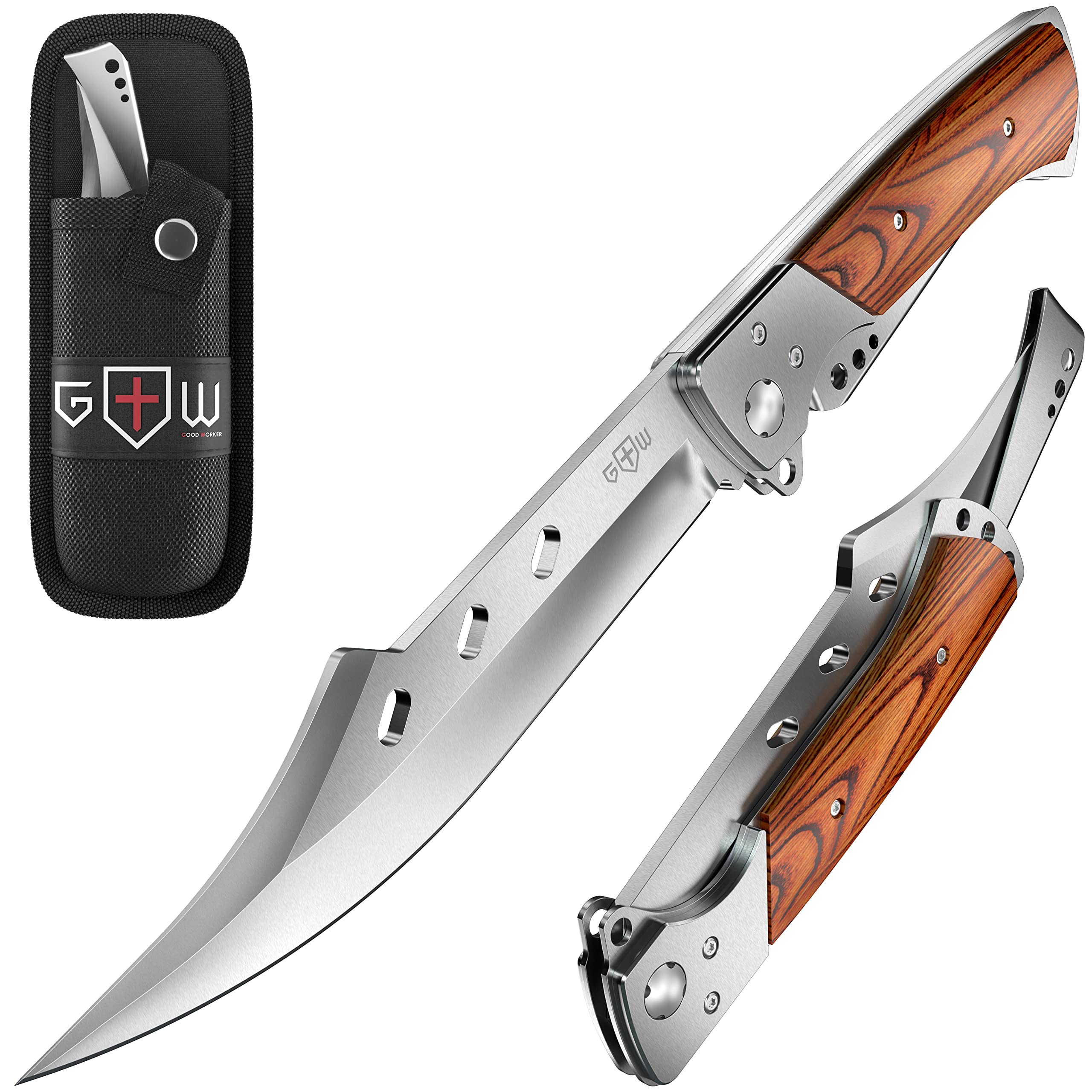 Long Blade Folding Knife with Rosewood Handle - Sharp Hunting Hiking Camping Tactical Survival Knives for Men Women - Foldable Large Knife - Fathers Gifts Idea - Mens Gift Ideas from Daughter, Son, Wife - Presents for Men 4172