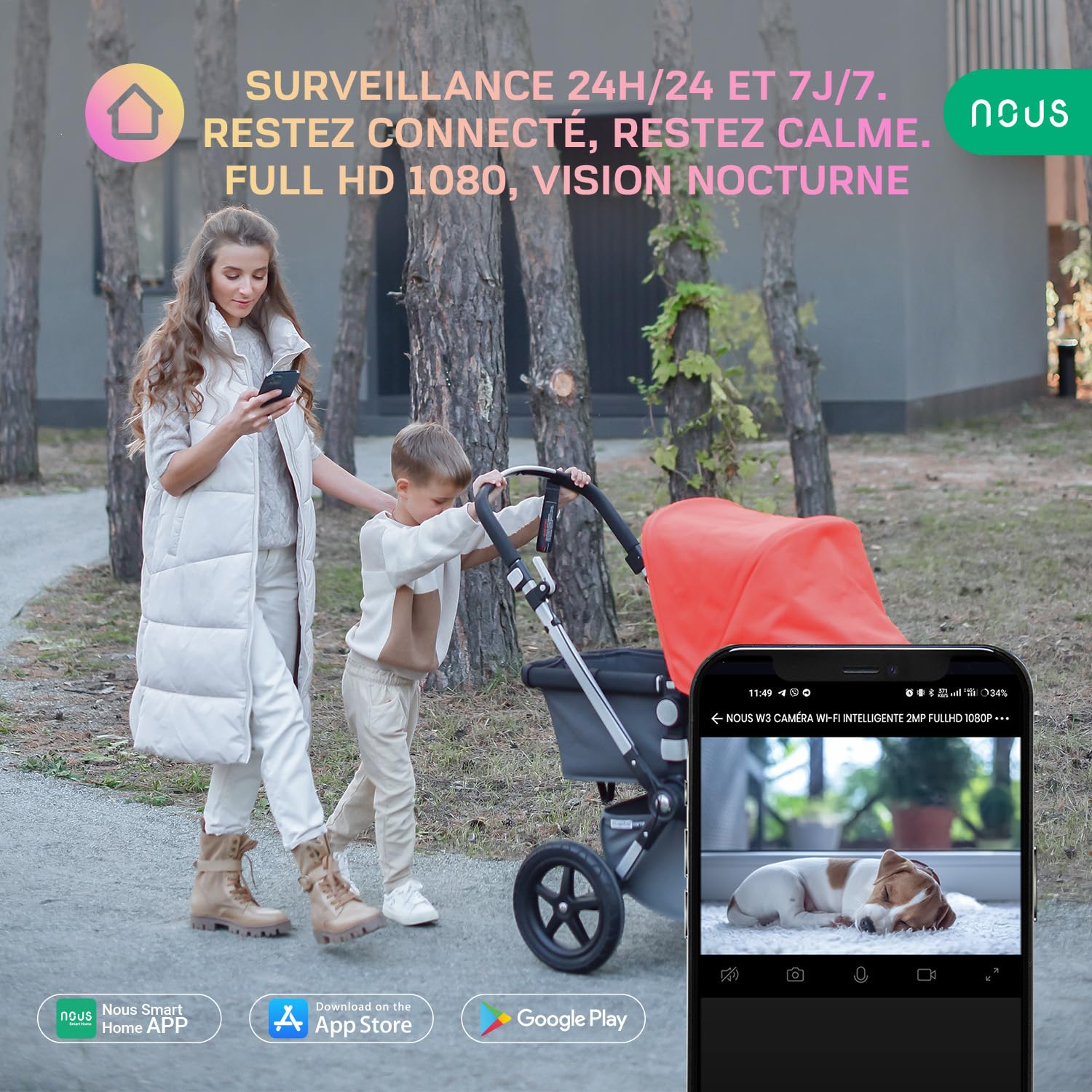 Kamera NOUS W3 WiFi, kamera dla psa, kamera dla dziecka, kamery do monitoringu, wewnętrzna kamera do monitoringu Wi-Fi, kamera dla zwierząt z aplikacją, kamera dla kota, Tya Smart Life