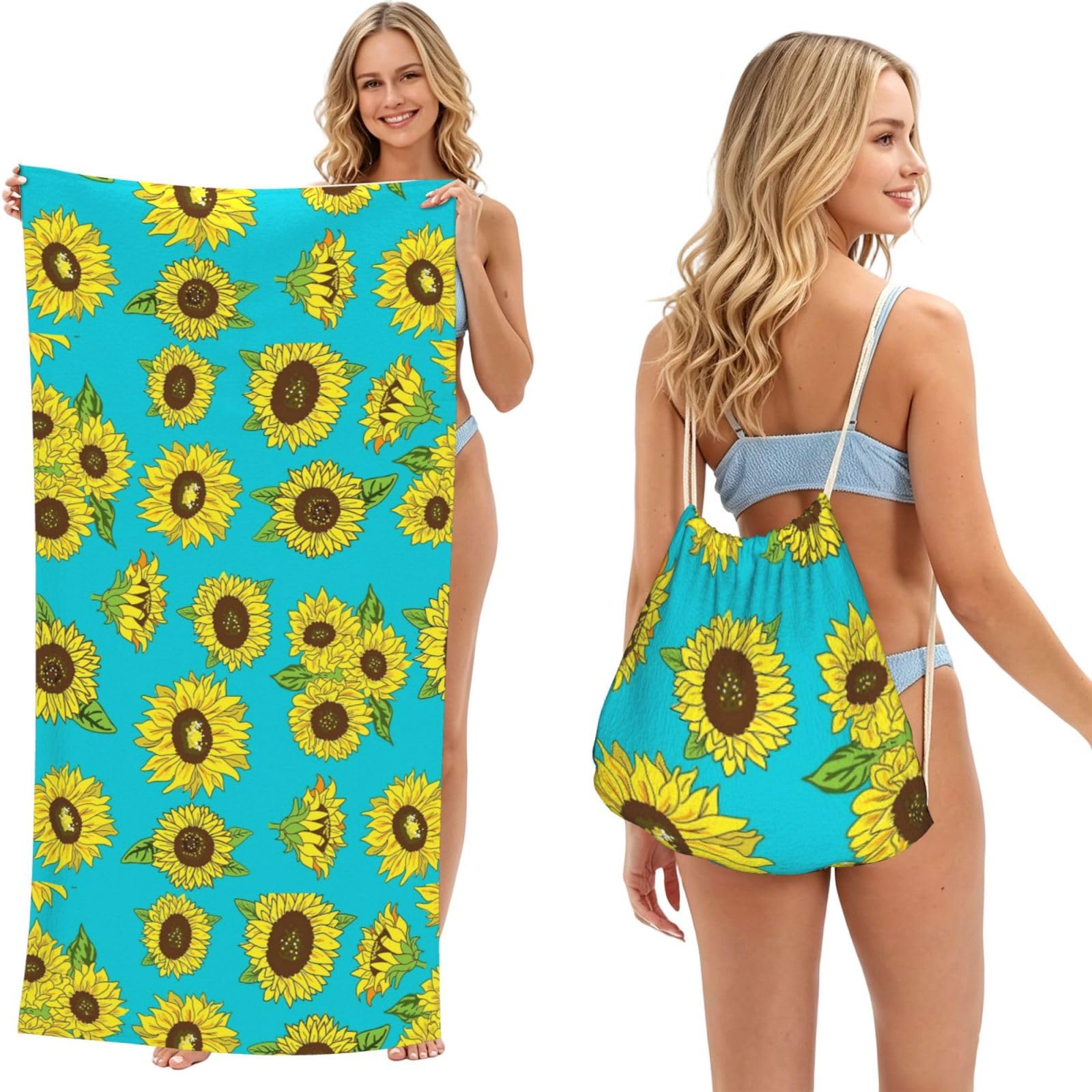 WSHFFILO Sunflowers Pattern printed 2 in 1 Packable Towel Bag Bath Towel Beach Towel