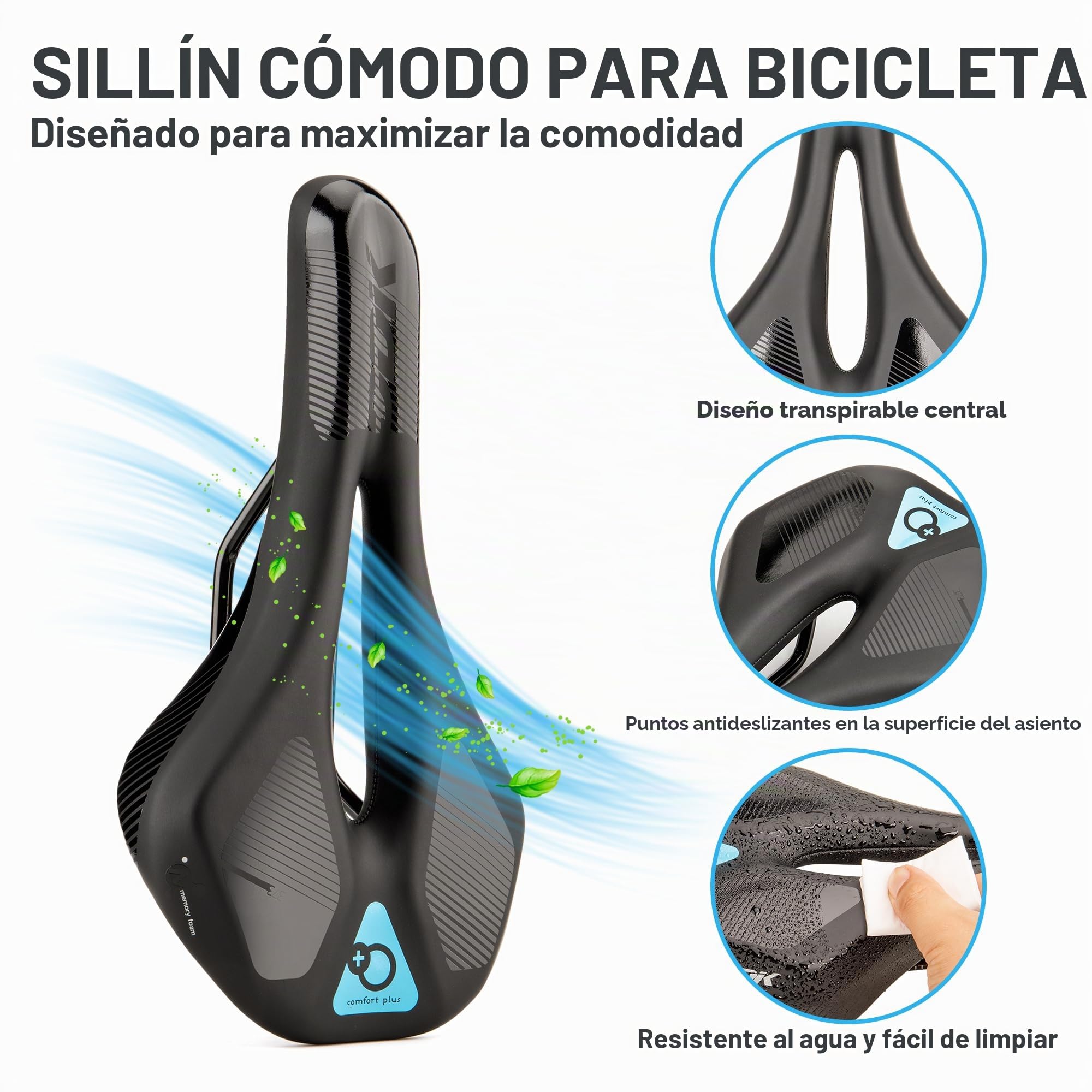 DDK Comfort Plus - Sillín de Bicicleta con Espuma viscoelástica para aliviar la presión y amortiguar los Golpes, cómodo y Suave sillín Acolchado para Hombre y Mujer