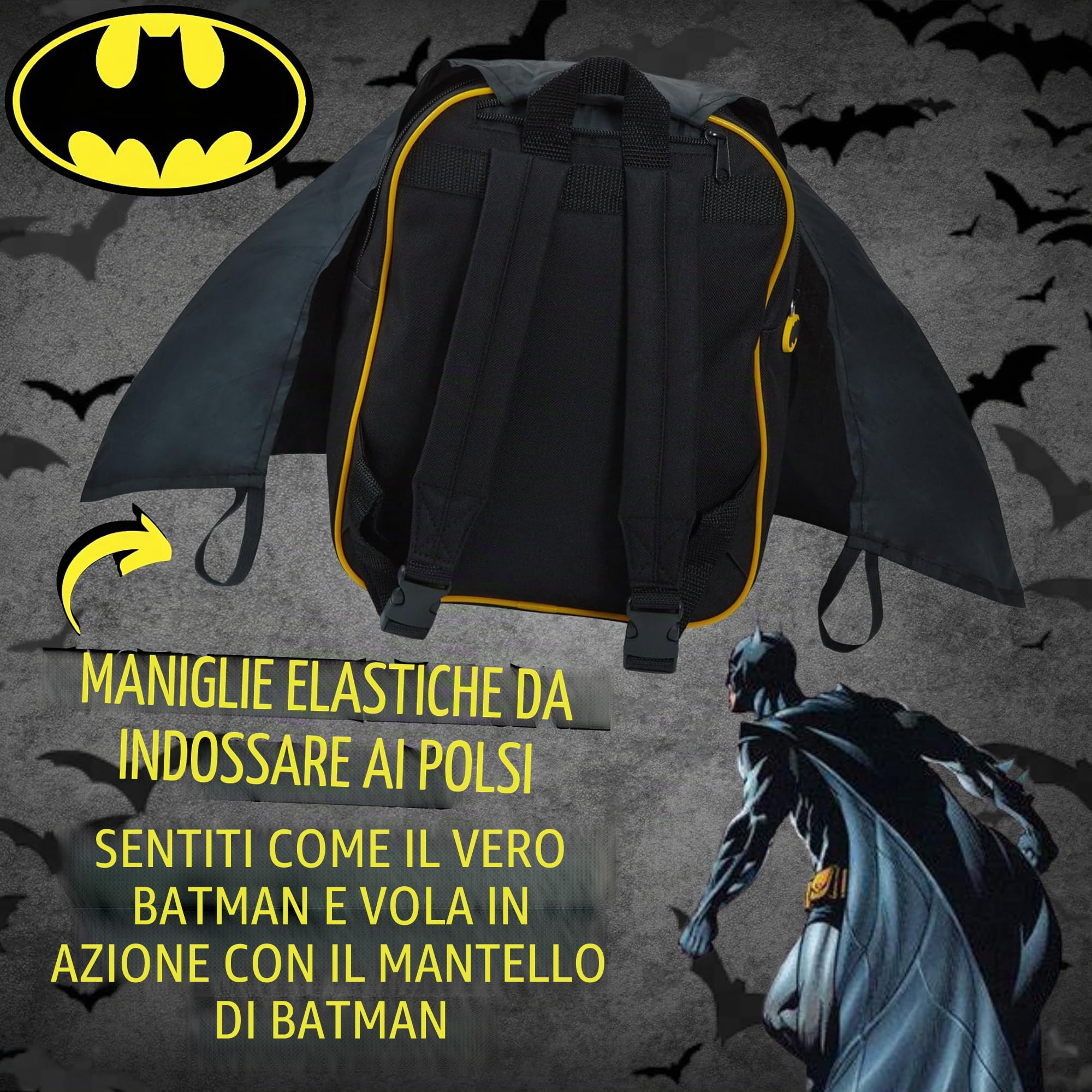 Zaino 3D Batman per ragazzi con mantello pieghevole Bambini DC Comics Novità Costume Zaino