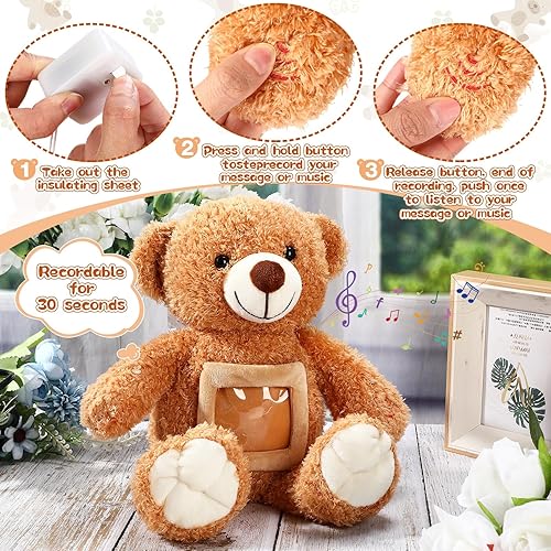 Miniatura 10 de Liliful Remembrance - Oso de peluche con grabador de 12 pulgadas, suave tela marrón con marco de fotos para el día de San Valentín, Navidad, baby