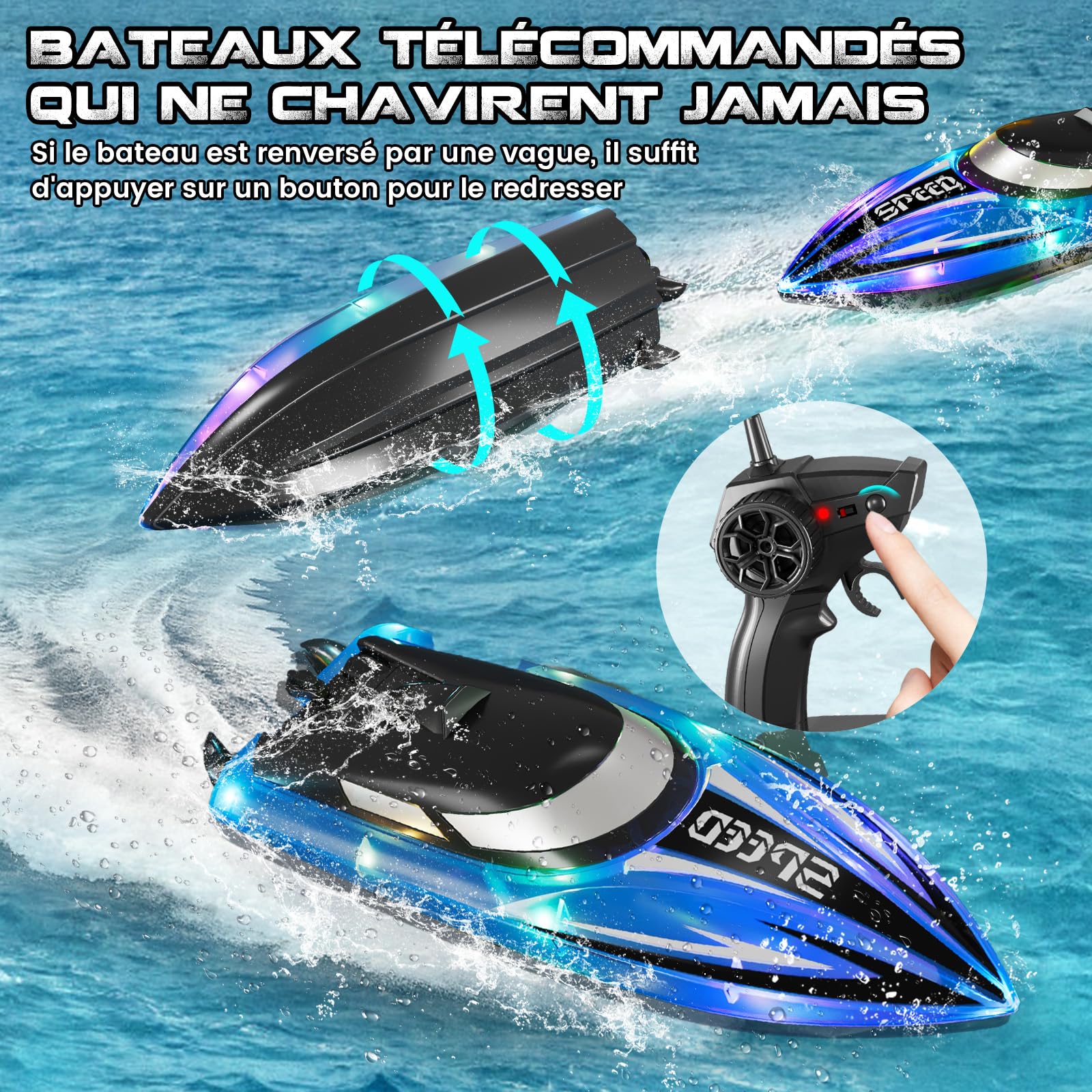 JONRRYIN Bateau Télécommandé 2 Pièces, Bateau Telecommandé Enfant pour Piscines et Lacs, 2,4 GHz RC Bateaux de Course avec Lumières LED et Alarme de Batterie Faible pour Enfants et Adultes