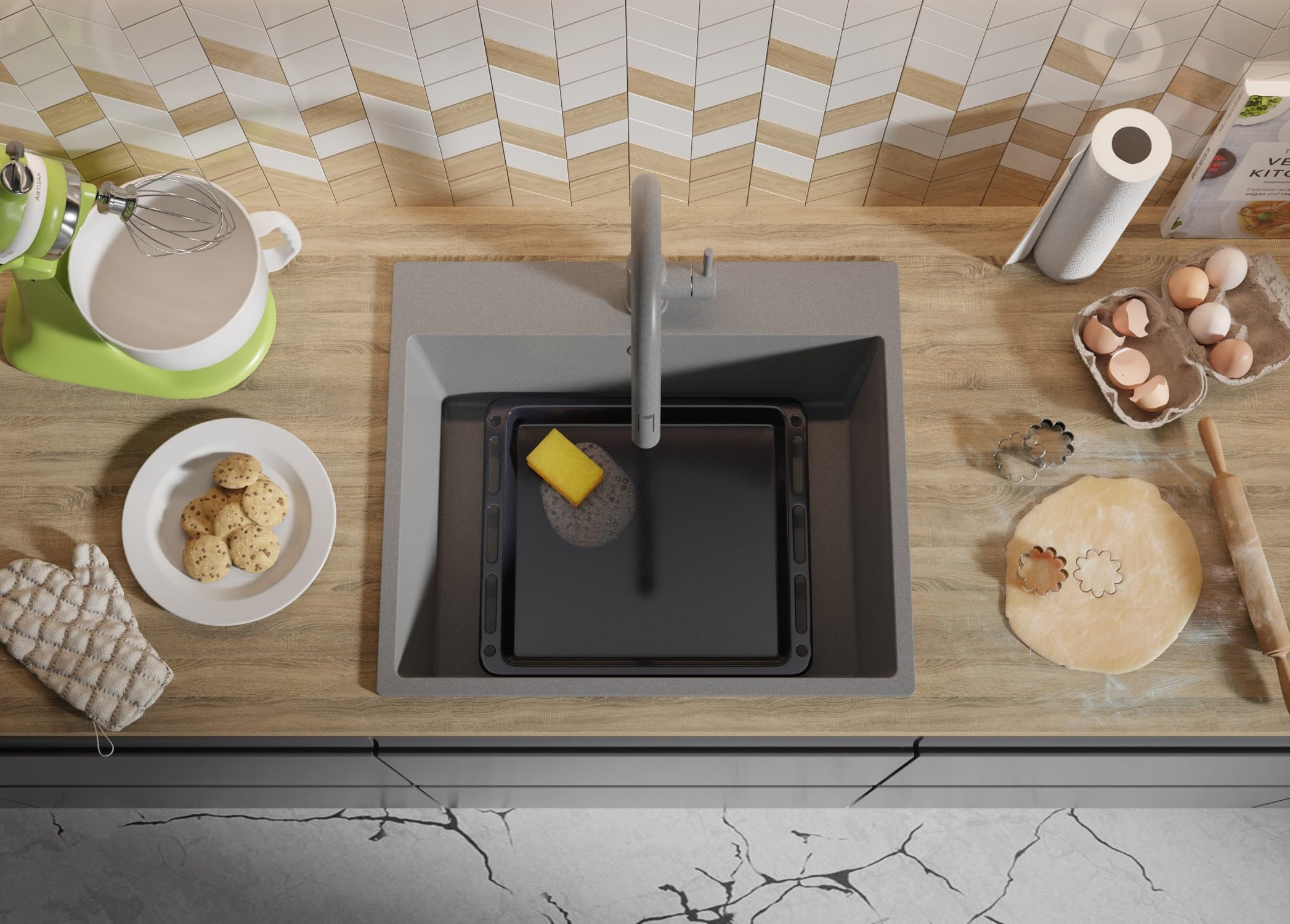 PRIMAGRAN Lavello da Cucina Tutto Grigio 58x50cm, Lavandino in Granito a 1 vasca + Sifone Classico, Lavabo da Cucina Incasso al Mobile 60cm - Riga S313