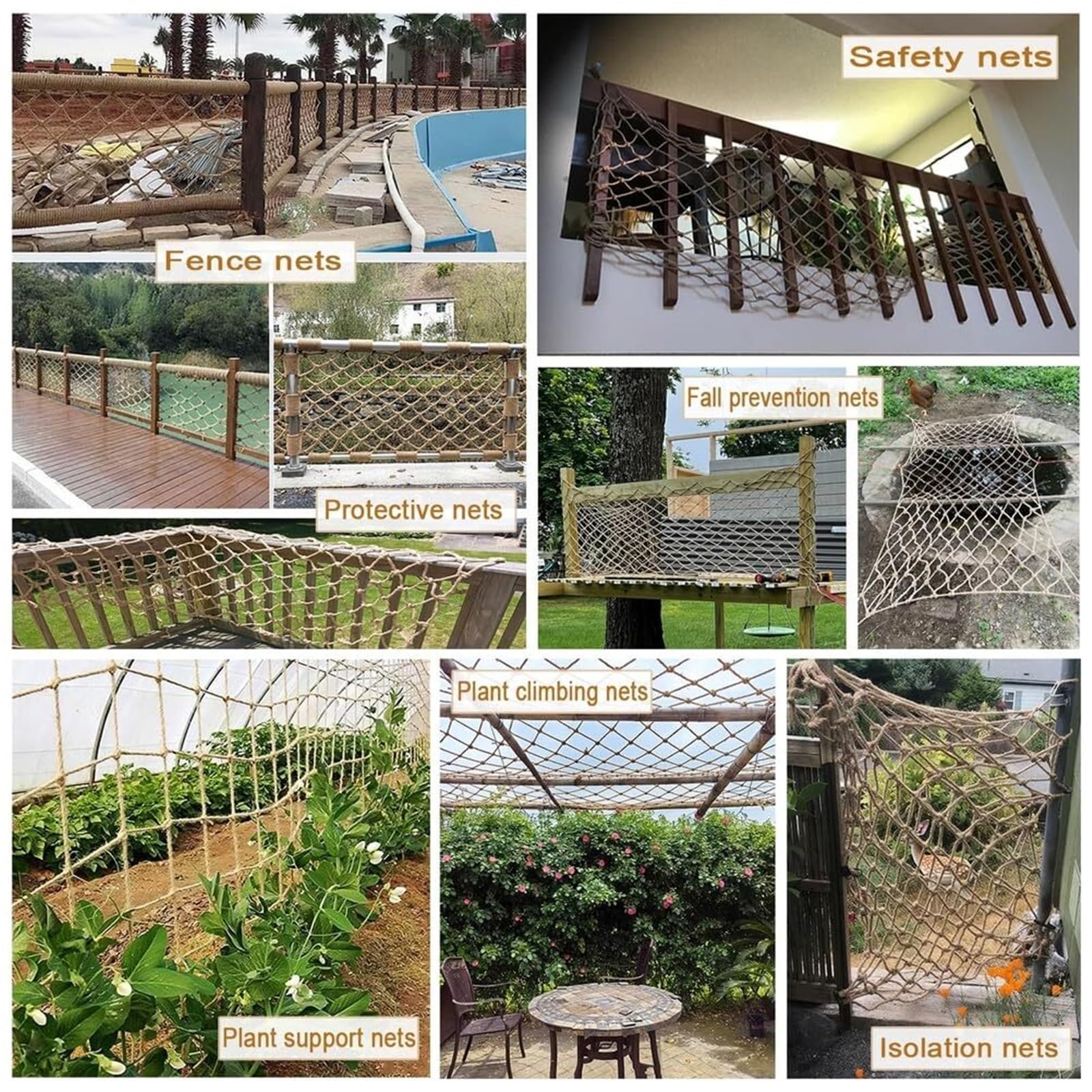 Rete di sicurezza in iuta e canapa per ringhiere per scale, rete di supporto per piante rampicanti, 6 mm, 8 cm (1 x) ecologica, perfetta per uso interno ed esterno