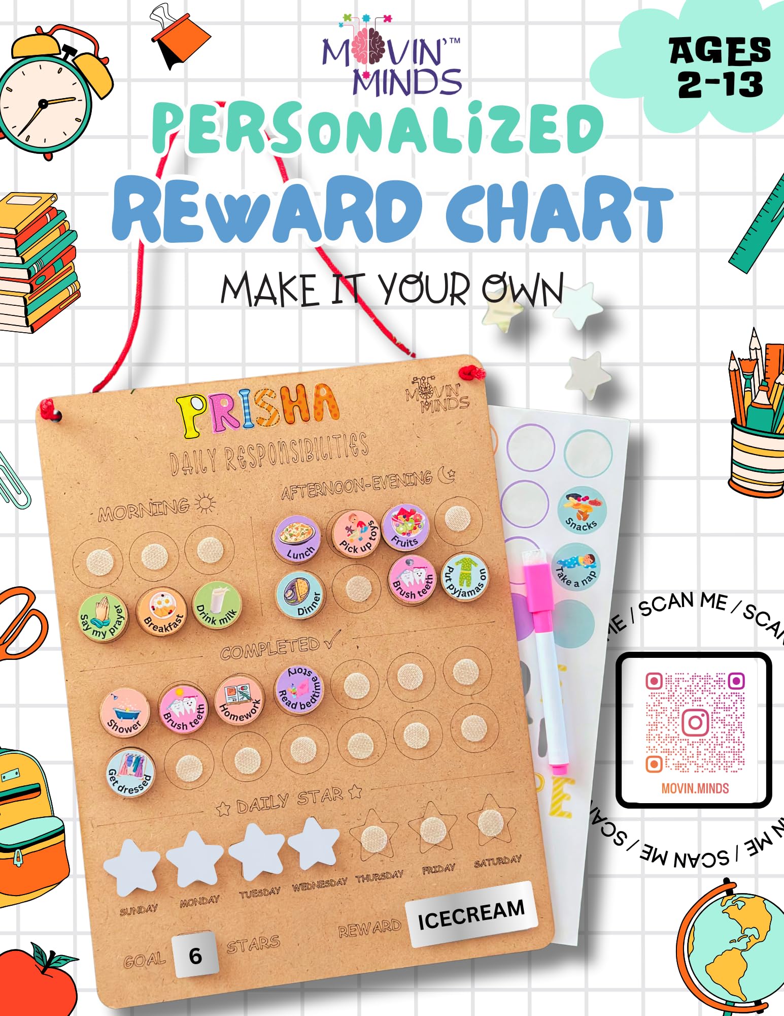 MOVIN' MINDS Personalized Reward Chart | Weekly Planner and Motivation Chart | Set Goals and Rewards | Ages 2 to 13 (Pack of 1) - Image 2 thumbnail