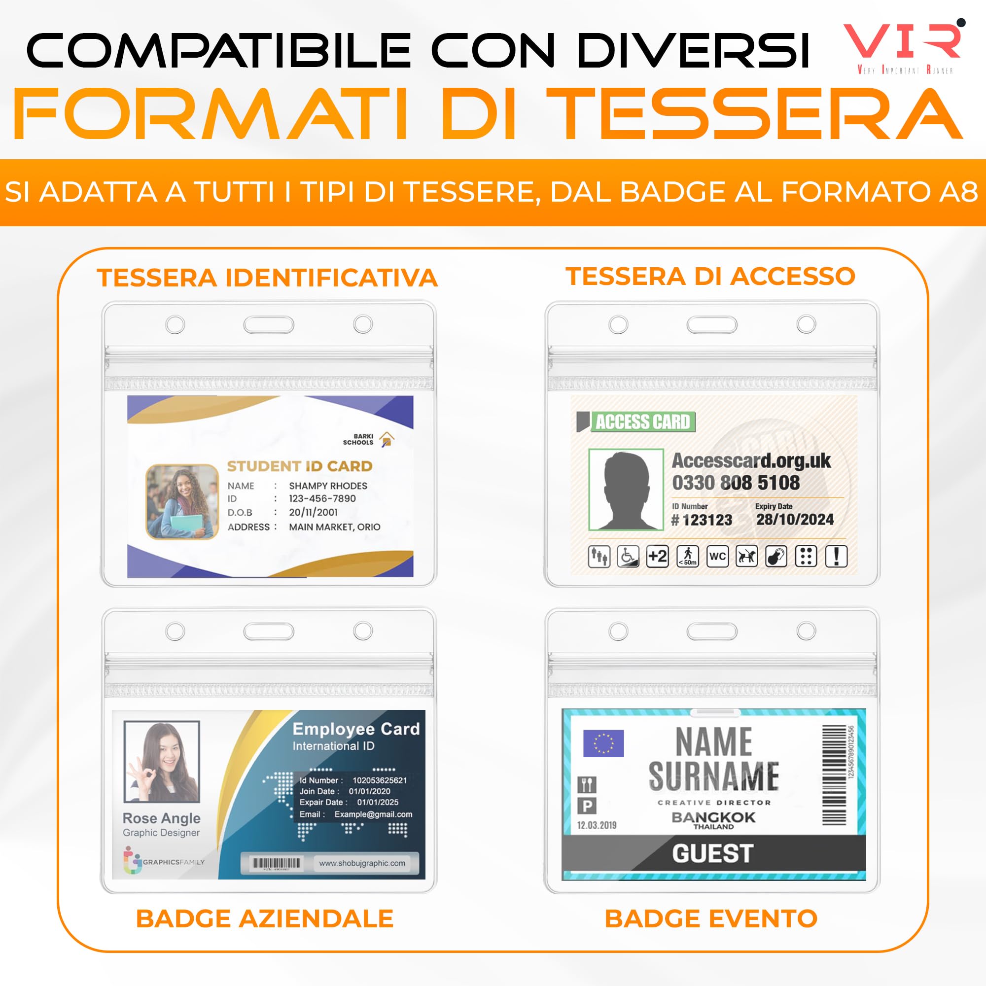 Porta Badge Trasparenti Impermeabile in PVC con Bordi Termosaldati e Apertura Superiore - 100 Pezzi