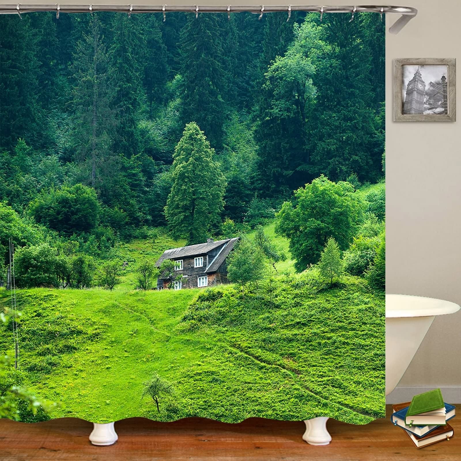 Rideau de douche vert 165x200 pour salle de bain forêt polyester