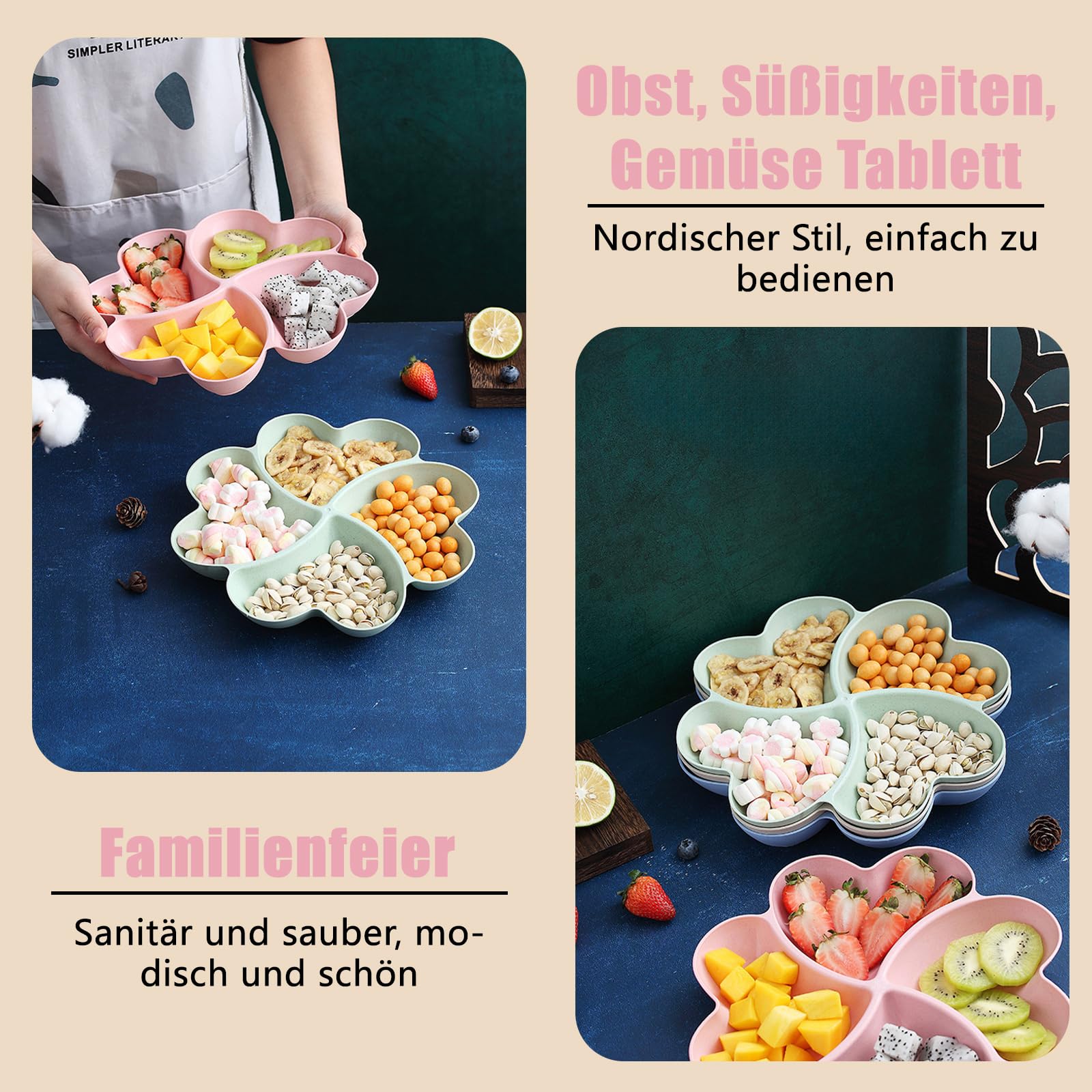 Vassoio per Alimenti a 6 Scomparti per Frutta secca, Piatto per spuntini, Piatto da Portata per antipasti, per Feste, Caramelle, Pasticceria, Noci (Rosa S