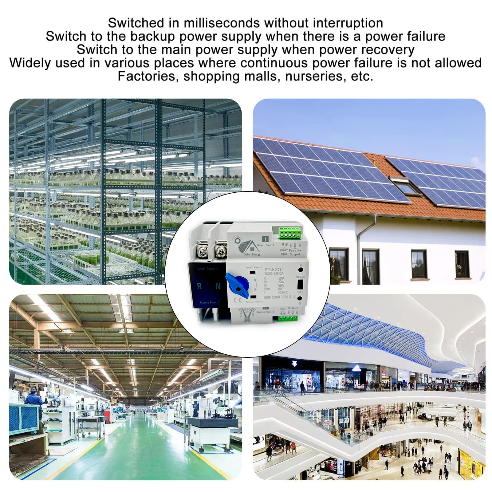 2P 100A ATS, automatischer Transferschalter, ATS Photovoltaik 220V 100A 2P Automatischer Interuptor mit doppelter Transference, für Solarpanel und kommunale Elektrizität
