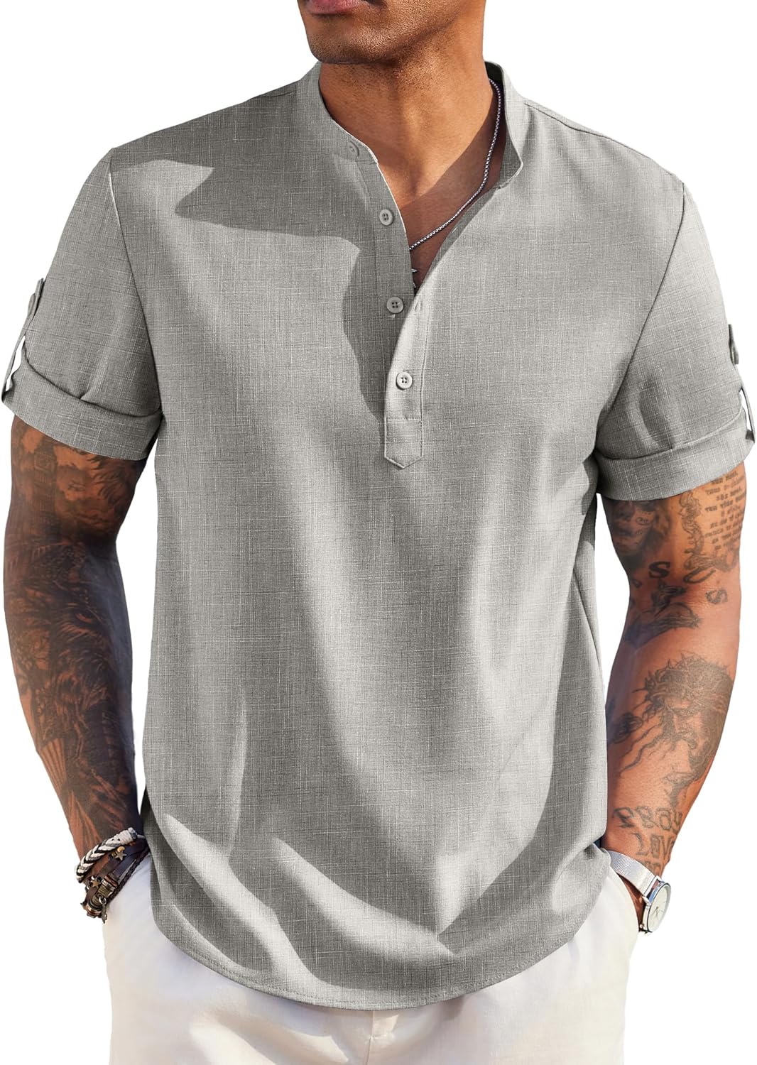 COOFANDY Men's Casual Henley Shirt Short Sleeve Band Collar Linen Shirt Summer Beach Hippie T-Shirts