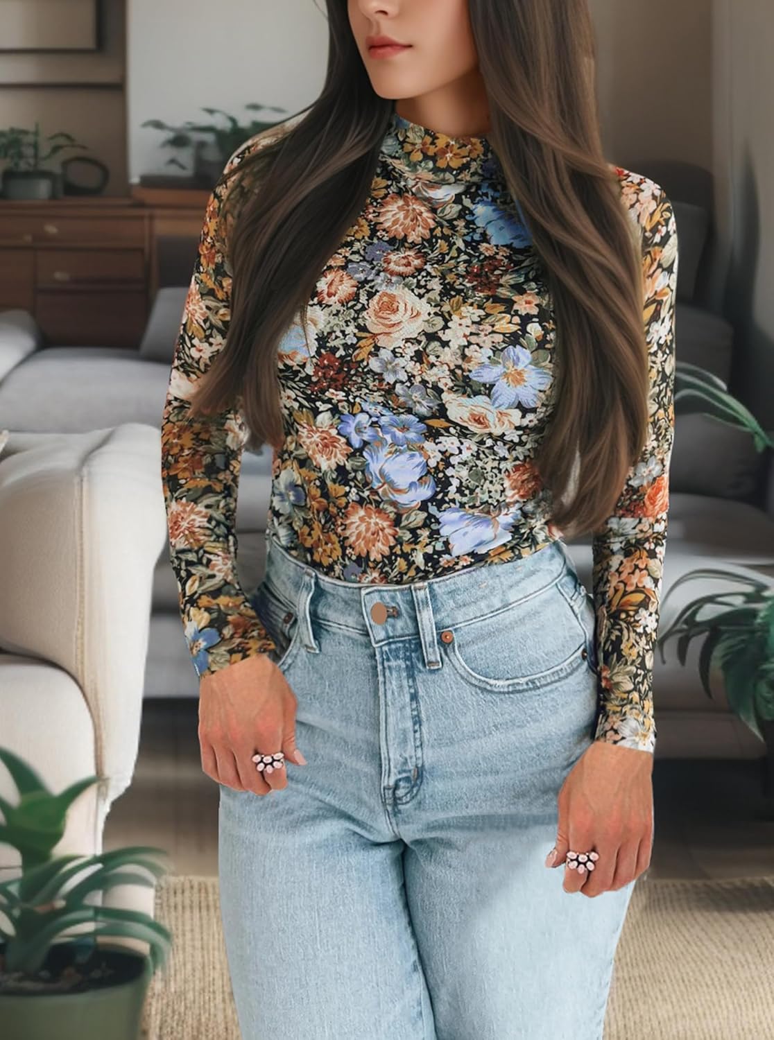 Floral Mesh Long Sleeve Tops for Women Mock Neck See Through Fitted Sexy Going Out Top - Image 7