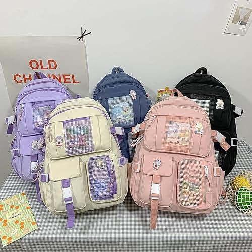 Miniatura 6 de Mochila Kawaii con colgante de oso, bolsa escolar de lona estética para estudiantes, bolsa de hombro, mochila casual para el regreso a clases (rosa)