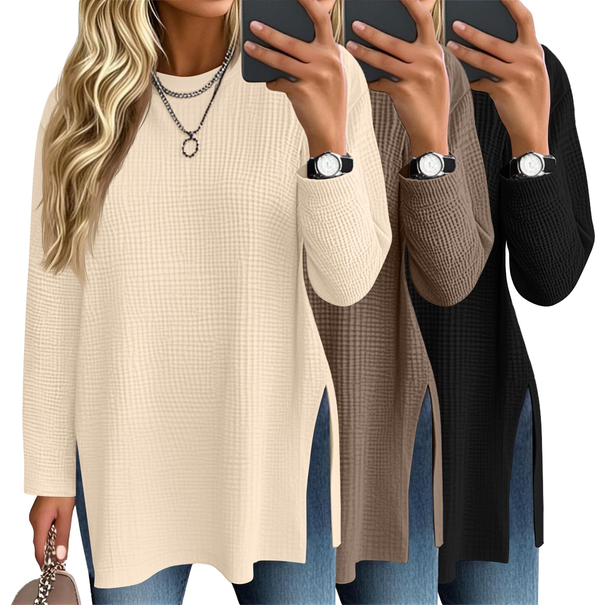 Tenare Lot de 3 Hauts Femme en Maille Waffle Manches Longues, Oversize Col Rond T-Shirts Amples Automne Hiver Basique Blouses