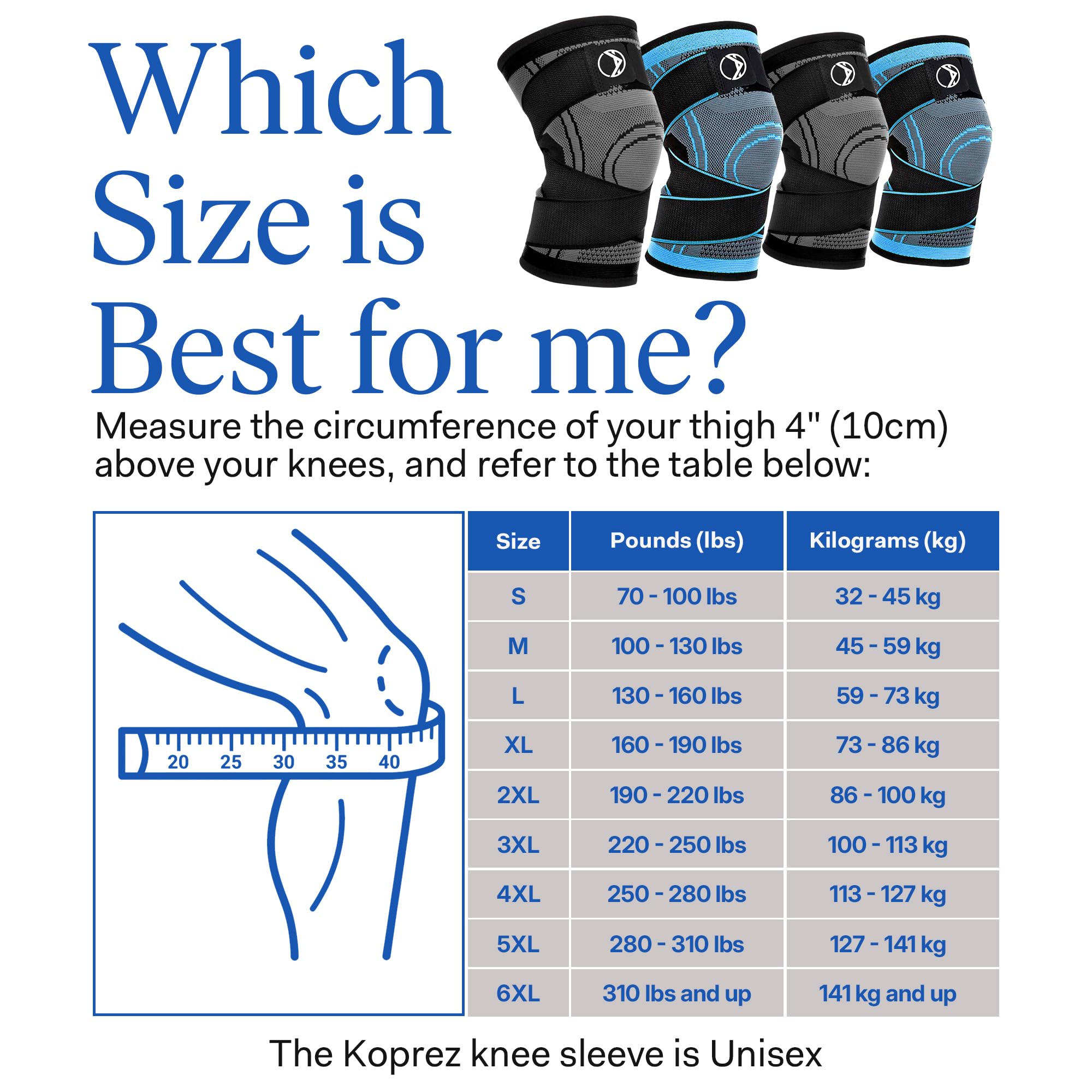 Koprez Manga unisex de compresión de rodilla, extra grande, negro, par