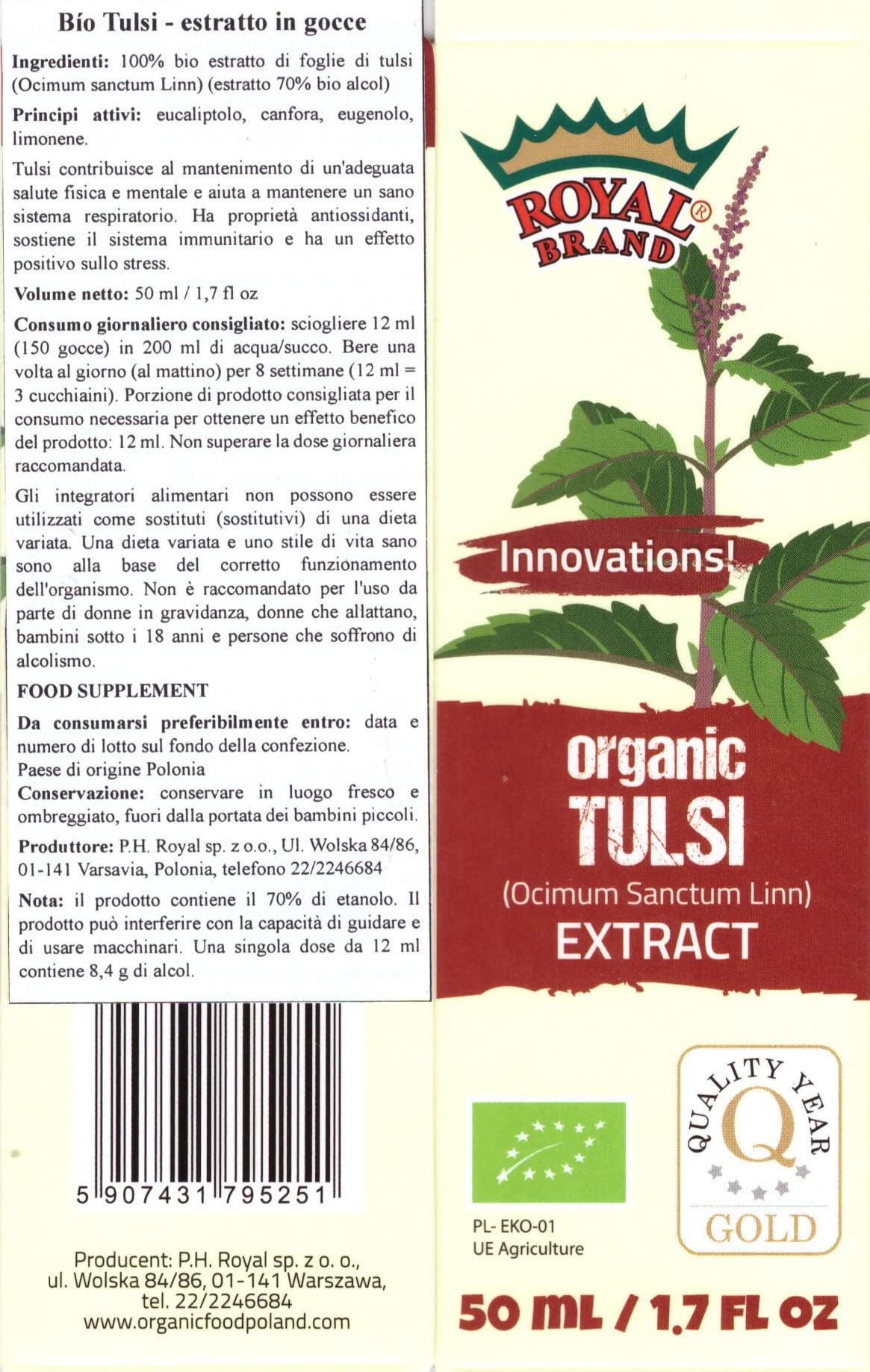 Tulsi biologico Estratto di gocce 50 ml Bottiglia di vetro per una migliore qualità