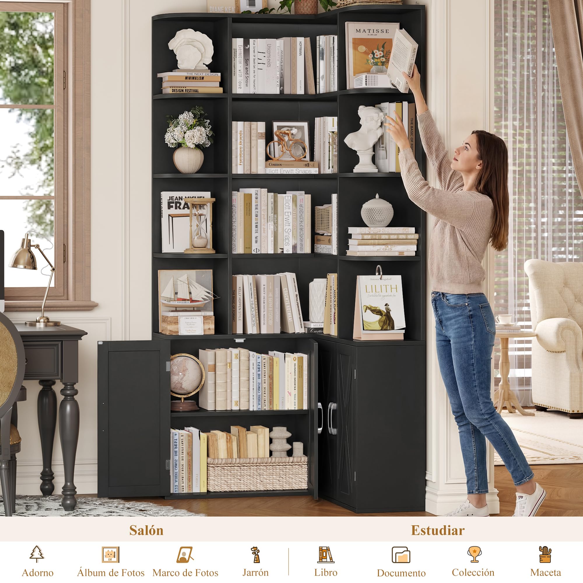 FirFurd 187cm Estantería Esquina, 4 Puertas 12 Compartimientos Negro | Estantería Libros de 5 Niveles alta Estantería Esquina, Grande Mueble Almacenaje para Salón, Oficina, Estudio 187Al.x80x80cm