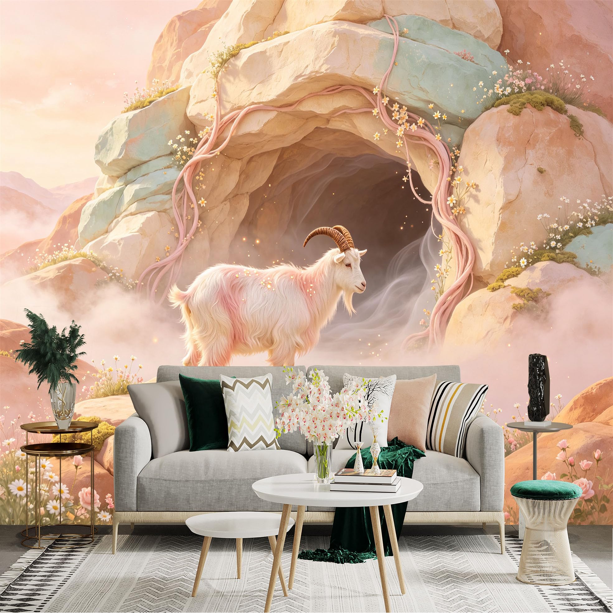 Lnzczhyre Bh260719160 Custom Size Wall Sticker Mural， Dreamy White Goat， Fantasy Stone Cave， Pastel Floral Scenery， Ethereal Mist， For Wall Decoration， Peelandstick Wall Decals.