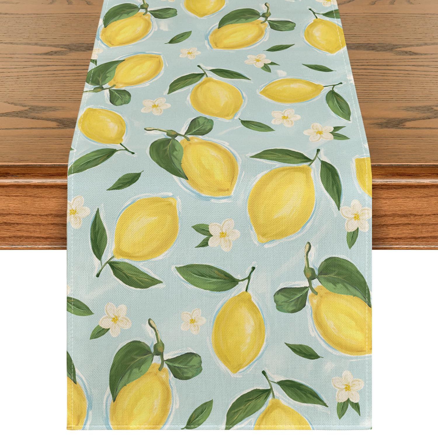 Artoid Mode Blue Lemon Flower Floral Summer Table Runner,Spring Kitchen Dining Table Decoration for Home Party Decor 13x72 Inch