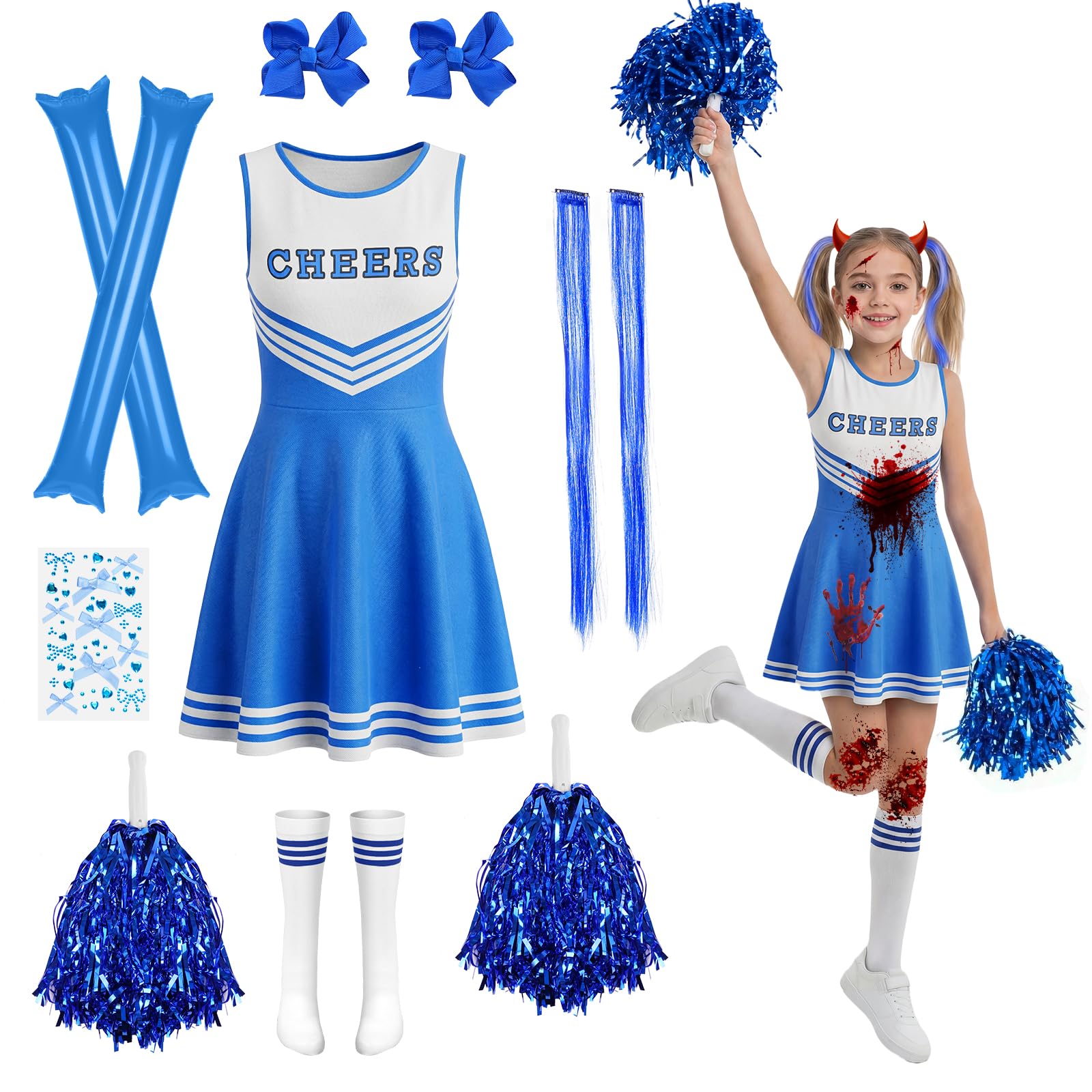 AYBUY Cheerleader Kostüm Kinder, Cheerleader Kostüm Mädchen, Cheerleader Kostüm Outfit mit Strümpfen Pompons Inflatable Stick und Kopfschmuck für Karneval, Halloween, Cosplay-Partys,130-145cm