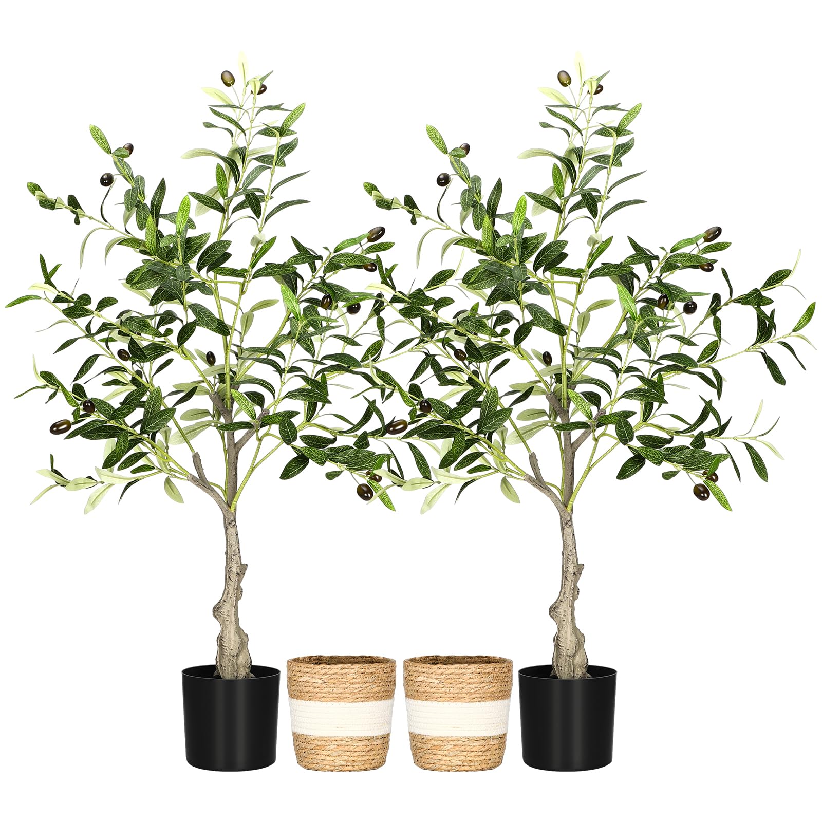 Riceshoot 2 Packs Artificial Olive Tree Tall Faux Silk Plant Potted for Home Office Decor Indoor Fake Potted Trees with Handmade Woven Basket for Modern Living Room Garden(3 ft)