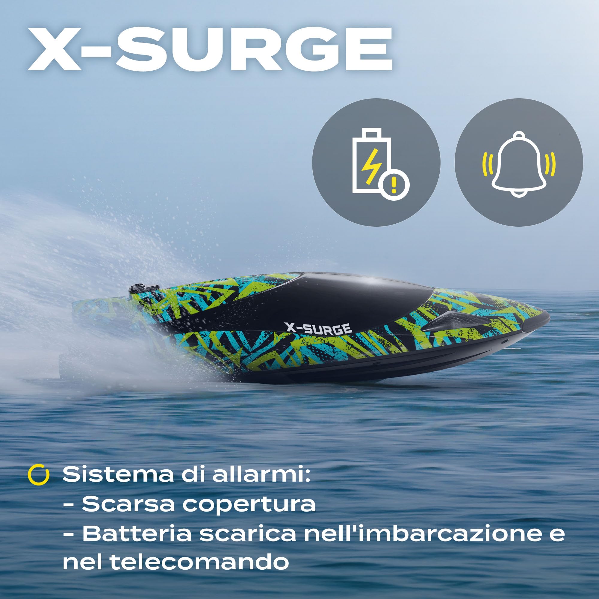 OVERMAX X-SURGE Barca da Corsa RC Telecomandata con Luce LED 35 km/h 1200 mAh Batterie 30 min di Divertimento Controllo Velocità Portata fino a 100 m, Giocattolo per Piscine e Laghi