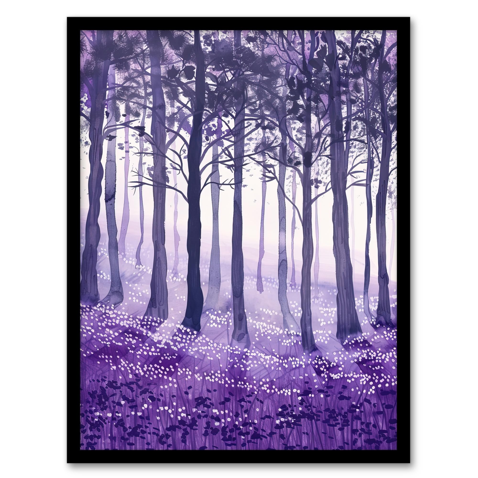 Artery8 Purple Bluebell Forest Painting Trees Woodland Living Room Artwork Framed Wall Art Print 18X24 Inch