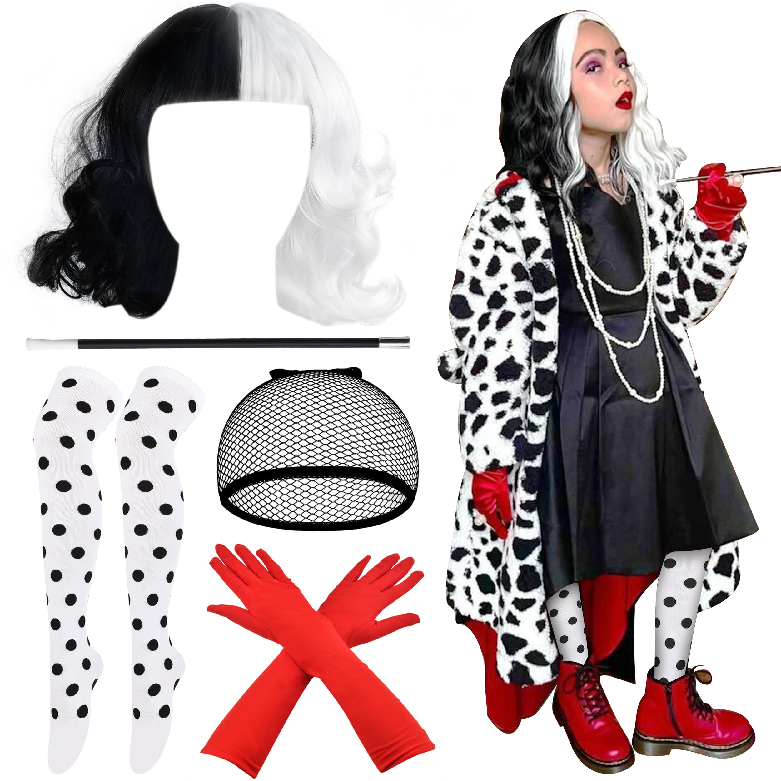 Abitoncc 5 PCS Deville Costume Wig Set,Black & White Wavy Curly Wig Kids Girls, Red Gloves, Spot Stockings