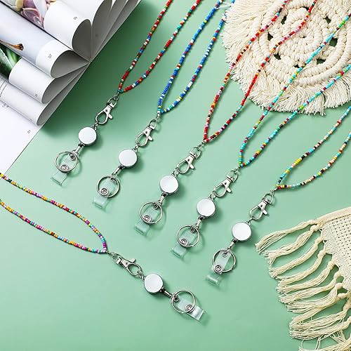 Miniatura 7 de 6 juegos de collares bohemios para mujer, cordón retráctil con soporte para identificación, collar de cuentas para tarjetas de identificación,