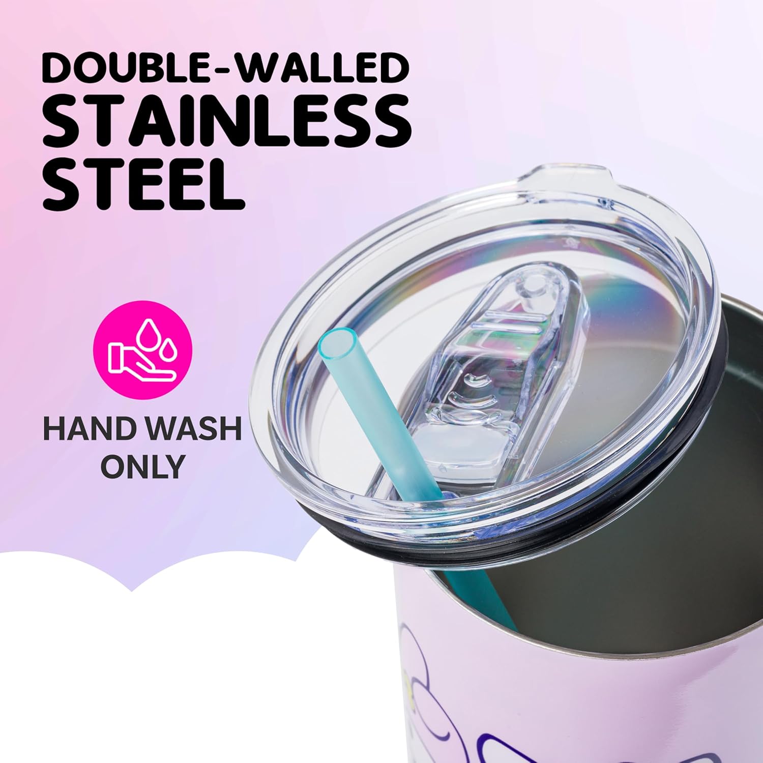 Silver Buffalo Sanrio Hello Kitty and Friends Featuring My Melody, Kuromi, Pompompurin Rainbow Ombre Double Walled Stainless Steel Tumbler with Handle and Straw, Fits in Standard Cup Holder, 40 Ounces - Image 3