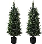 2 Pack 37 Inch Artificial Cedar Topiary Trees for Outdoor Front Porch Décor - UV Rated Fake Plants for Indoor and Outdoor Use, Potted Shrubs for Front Door, Office