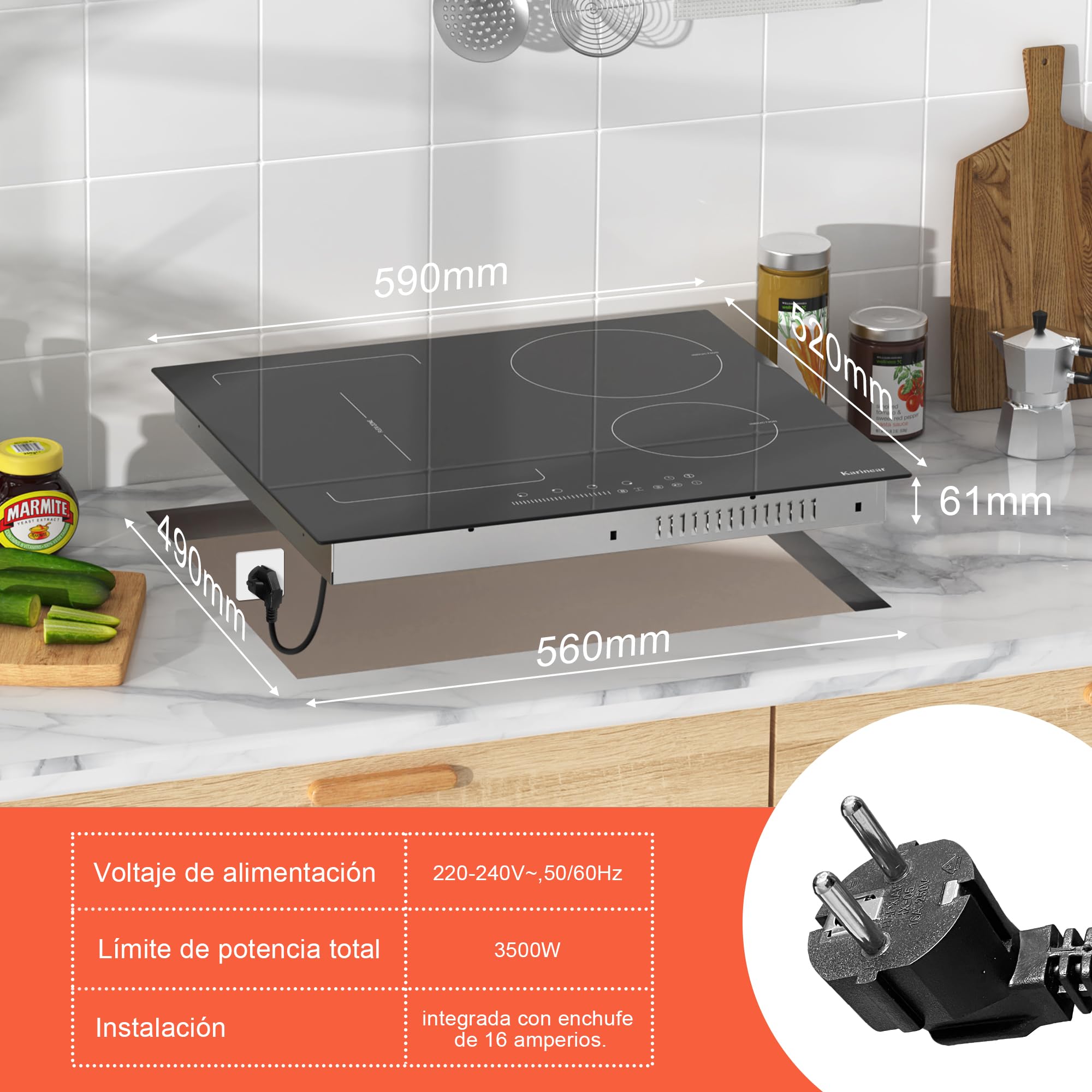 Karinear Placa Induccion 4 Fuegos con Enchufe y Zona Flexible | Plug and Play, Función de Mantenimiento del Calor y de Pausa, Temporizador, Bloqueo de Seguridad Para Niños, 52×59 CM, 3500W